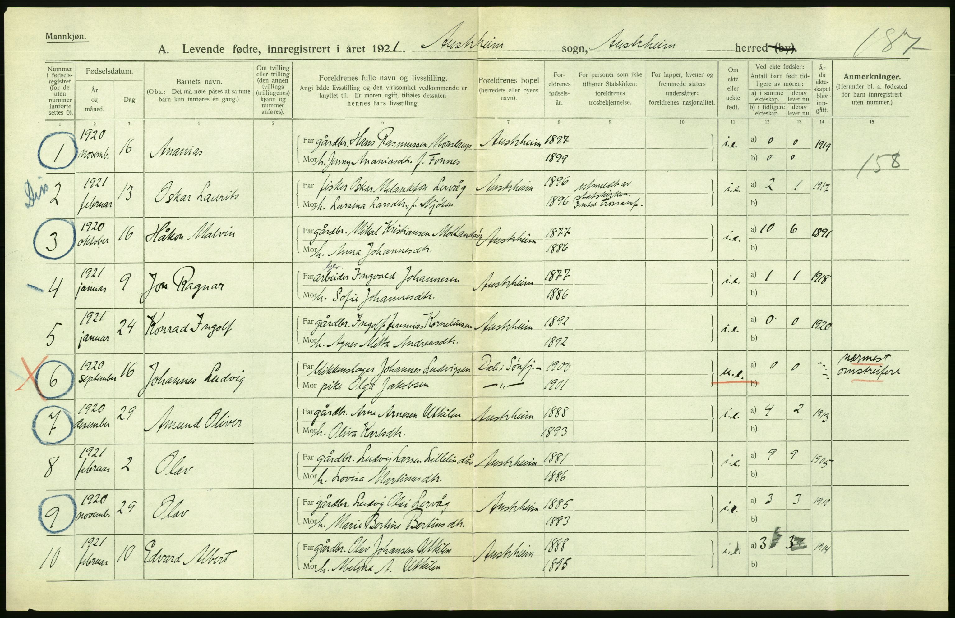 Statistisk sentralbyrå, Sosiodemografiske emner, Befolkning, AV/RA-S-2228/D/Df/Dfc/Dfca/L0031: Hordaland fylke: Levendefødte menn og kvinner. Bygder., 1921, s. 18