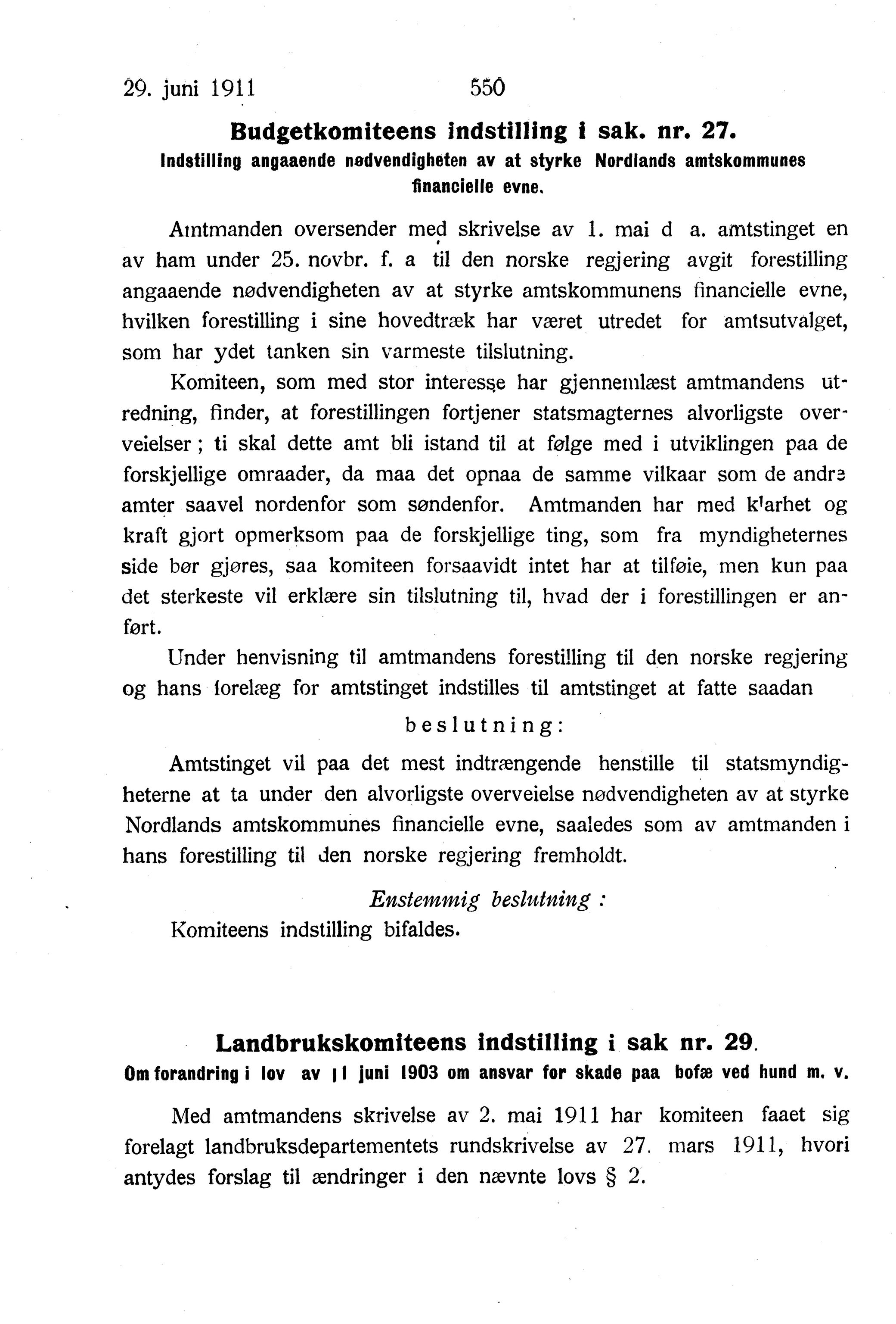 Nordland Fylkeskommune. Fylkestinget, AIN/NFK-17/176/A/Ac/L0034: Fylkestingsforhandlinger 1911, 1911