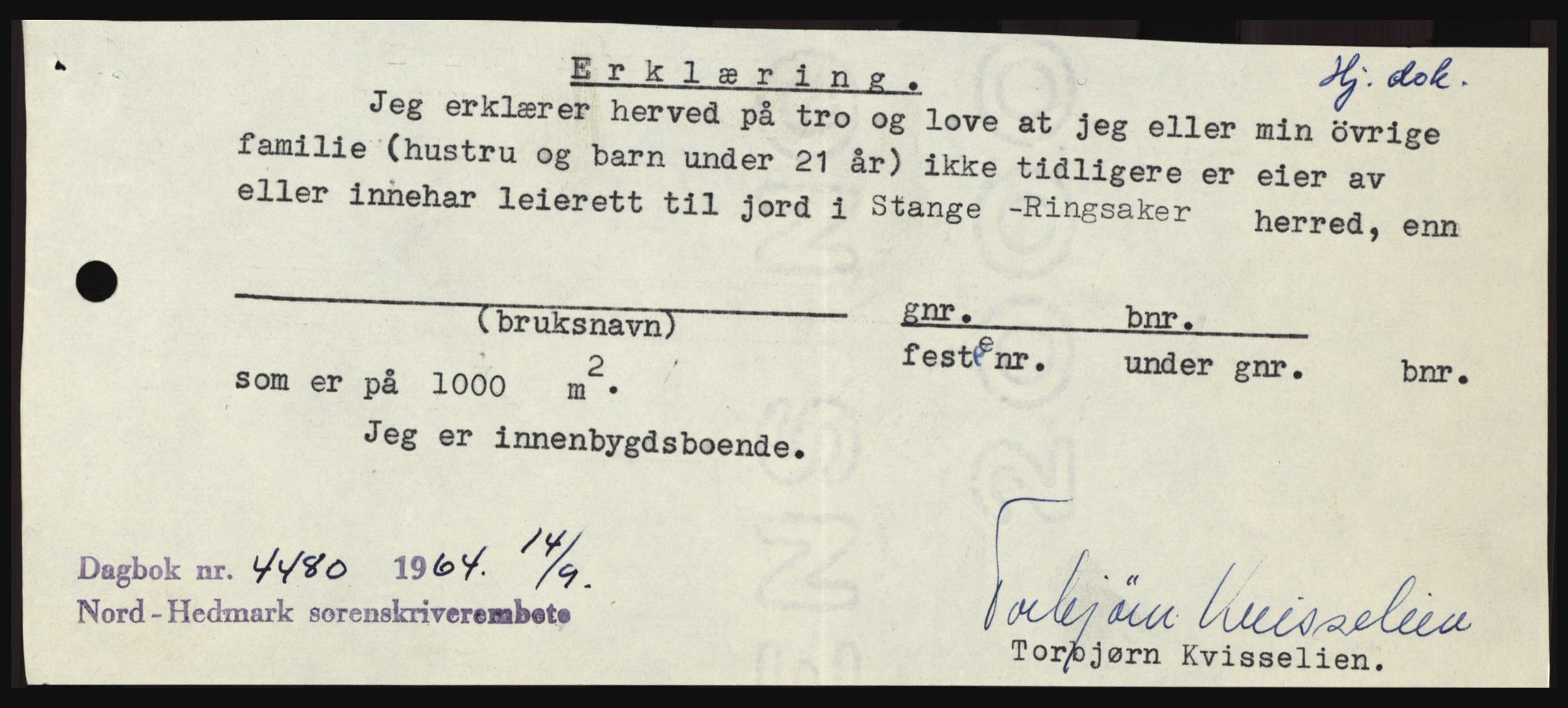 Nord-Hedmark sorenskriveri, SAH/TING-012/H/Hc/L0020: Pantebok nr. 20, 1964-1964, Dagboknr: 4480/1964