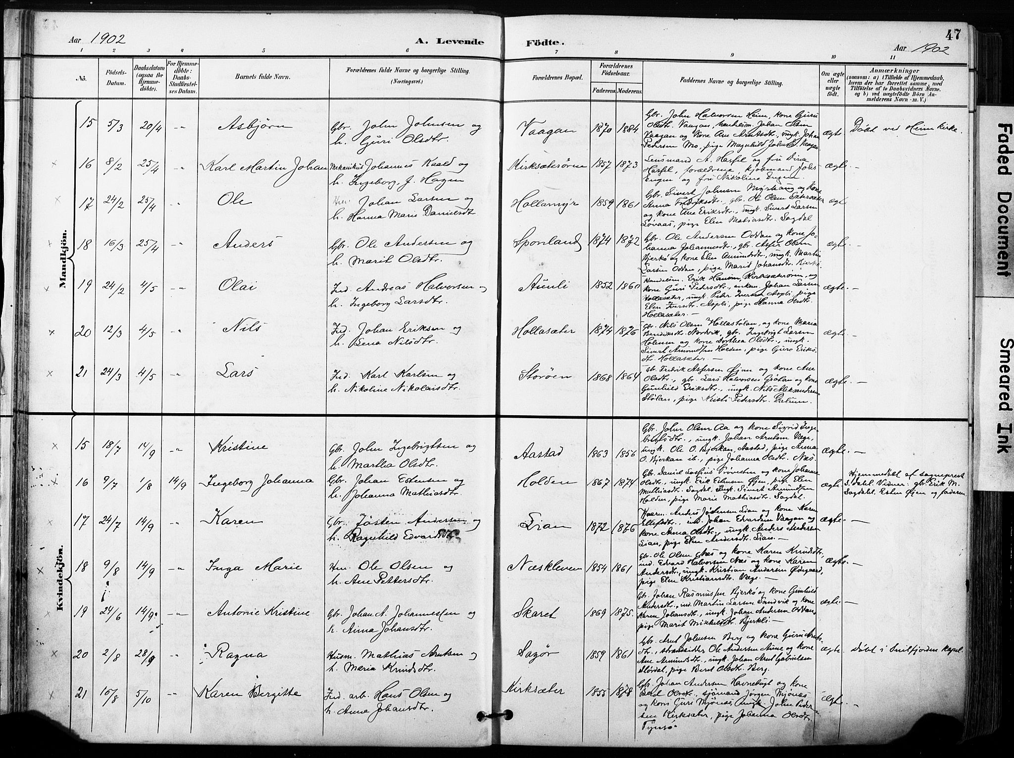 Ministerialprotokoller, klokkerbøker og fødselsregistre - Sør-Trøndelag, AV/SAT-A-1456/630/L0497: Ministerialbok nr. 630A10, 1896-1910, s. 47