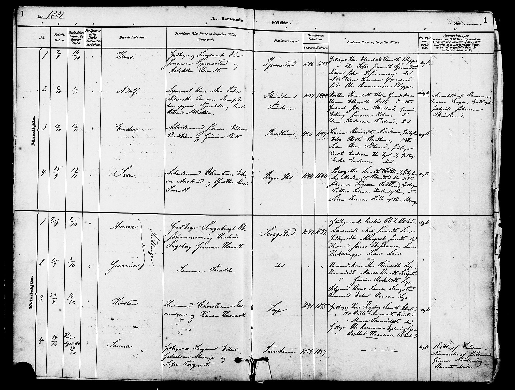 Lye sokneprestkontor, SAST/A-101794/001/30BA/L0009: Ministerialbok nr. A 8, 1881-1892, s. 1