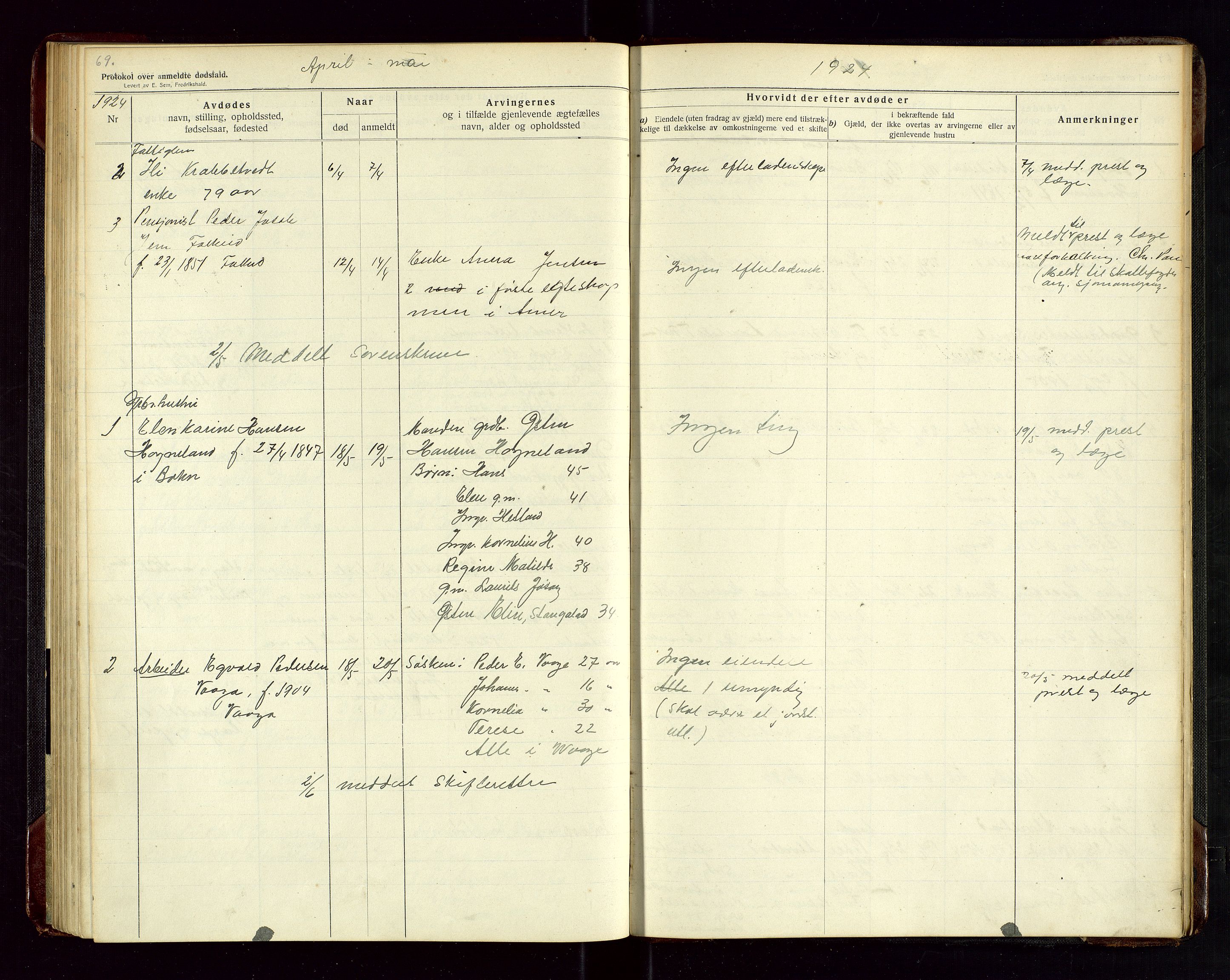 Tysvær lensmannskontor, AV/SAST-A-100192/Gga/L0003: "Protokol over anmeldte dødsfald i Tysvær" med register, 1916-1926, s. 69