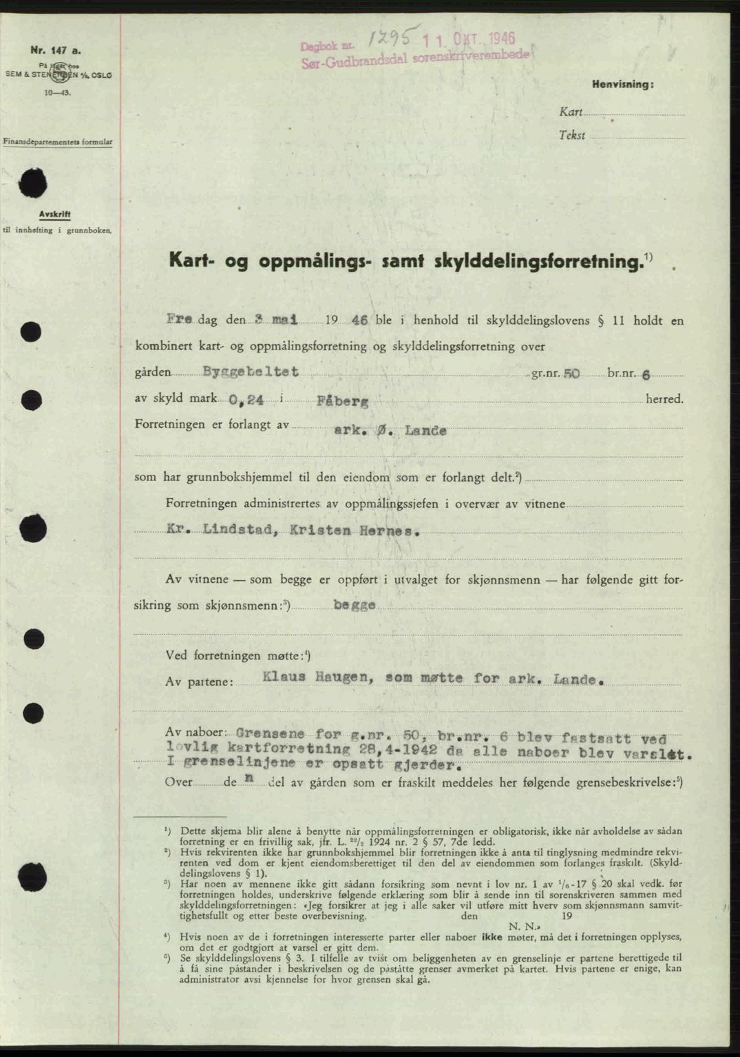 Sør-Gudbrandsdal tingrett, SAH/TING-004/H/Hb/Hbd/L0016: Pantebok nr. A16, 1946-1946, Dagboknr: 1295/1946
