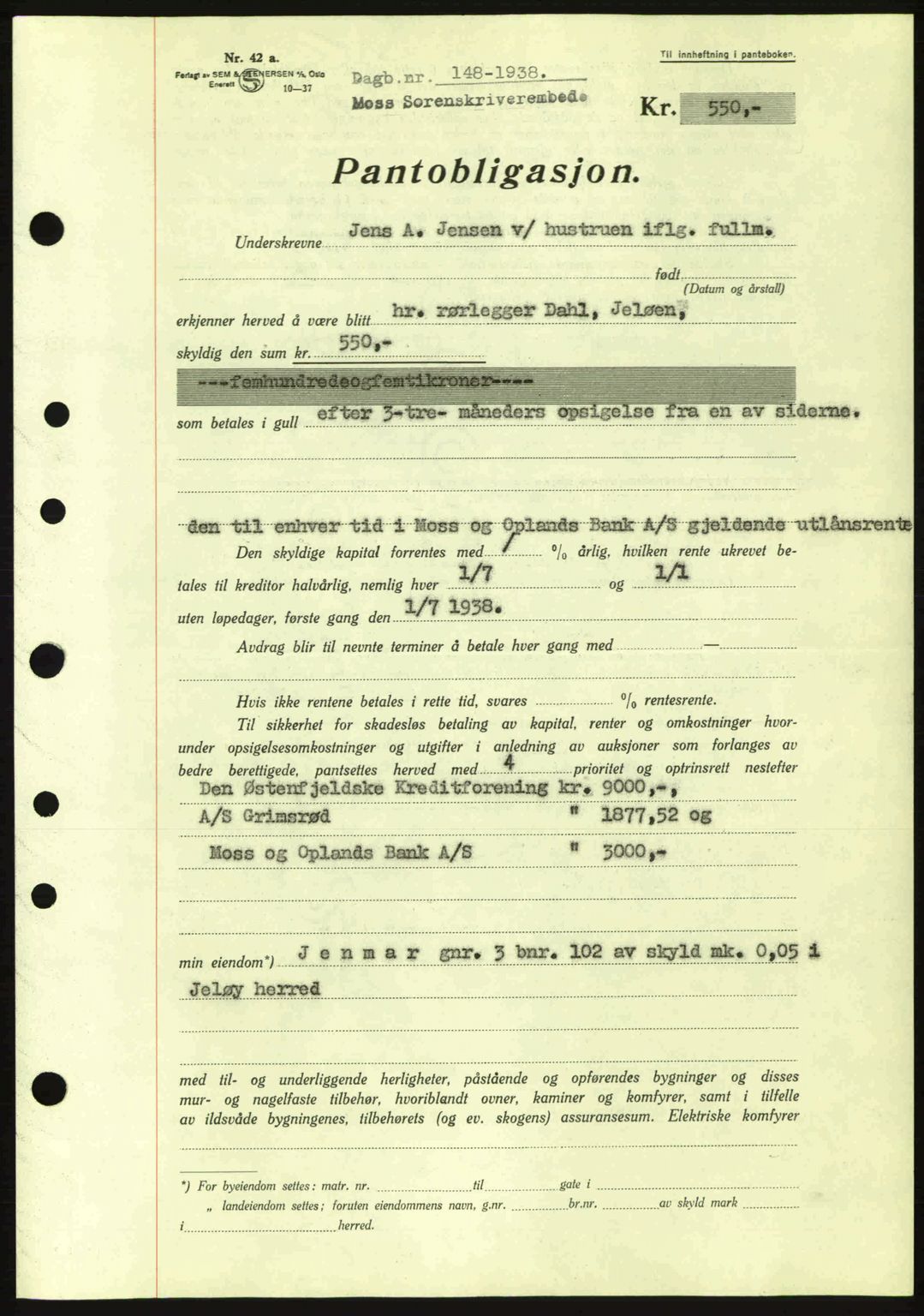Moss sorenskriveri, SAO/A-10168: Pantebok nr. B4, 1937-1938, Dagboknr: 148/1938