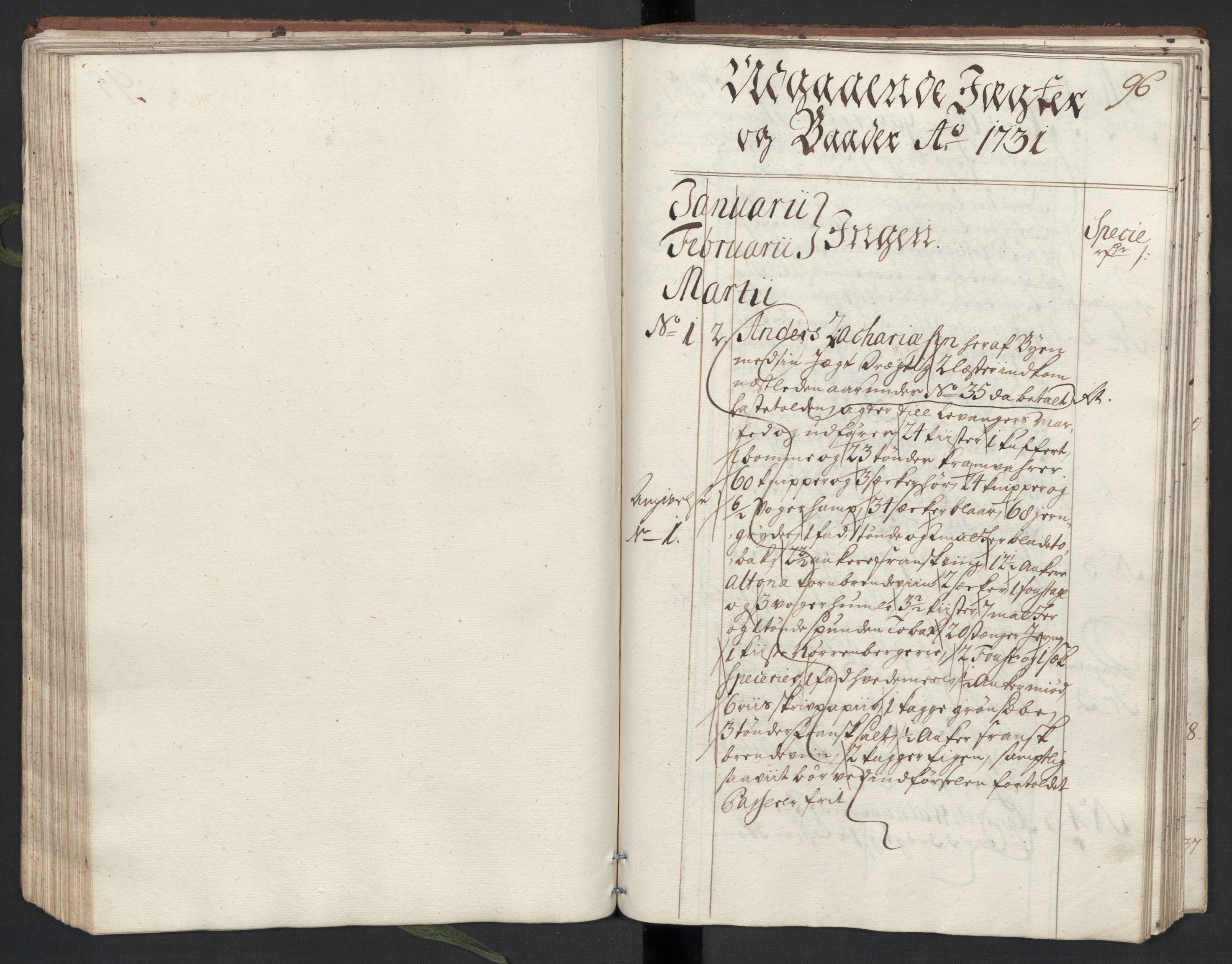 Generaltollkammeret, tollregnskaper, RA/EA-5490/R33/L0013/0002: Tollregnskaper Trondheim A / Utgående tollbok, 1731, s. 95b-96a