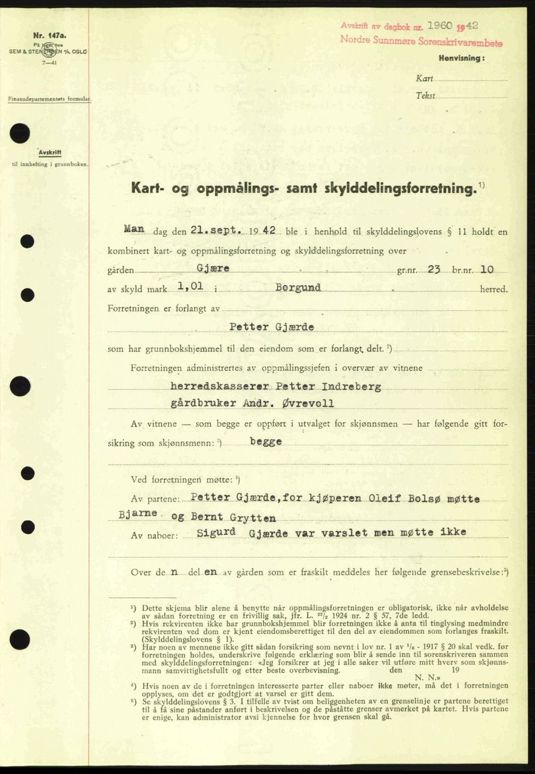 Nordre Sunnmøre sorenskriveri, AV/SAT-A-0006/1/2/2C/2Ca: Pantebok nr. A15, 1942-1943, Dagboknr: 1960/1942