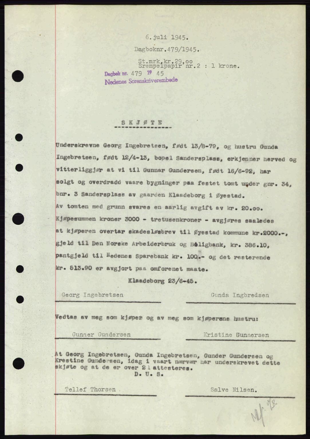 Nedenes sorenskriveri, SAK/1221-0006/G/Gb/Gba/L0052: Pantebok nr. A6a, 1944-1945, Dagboknr: 479/1945