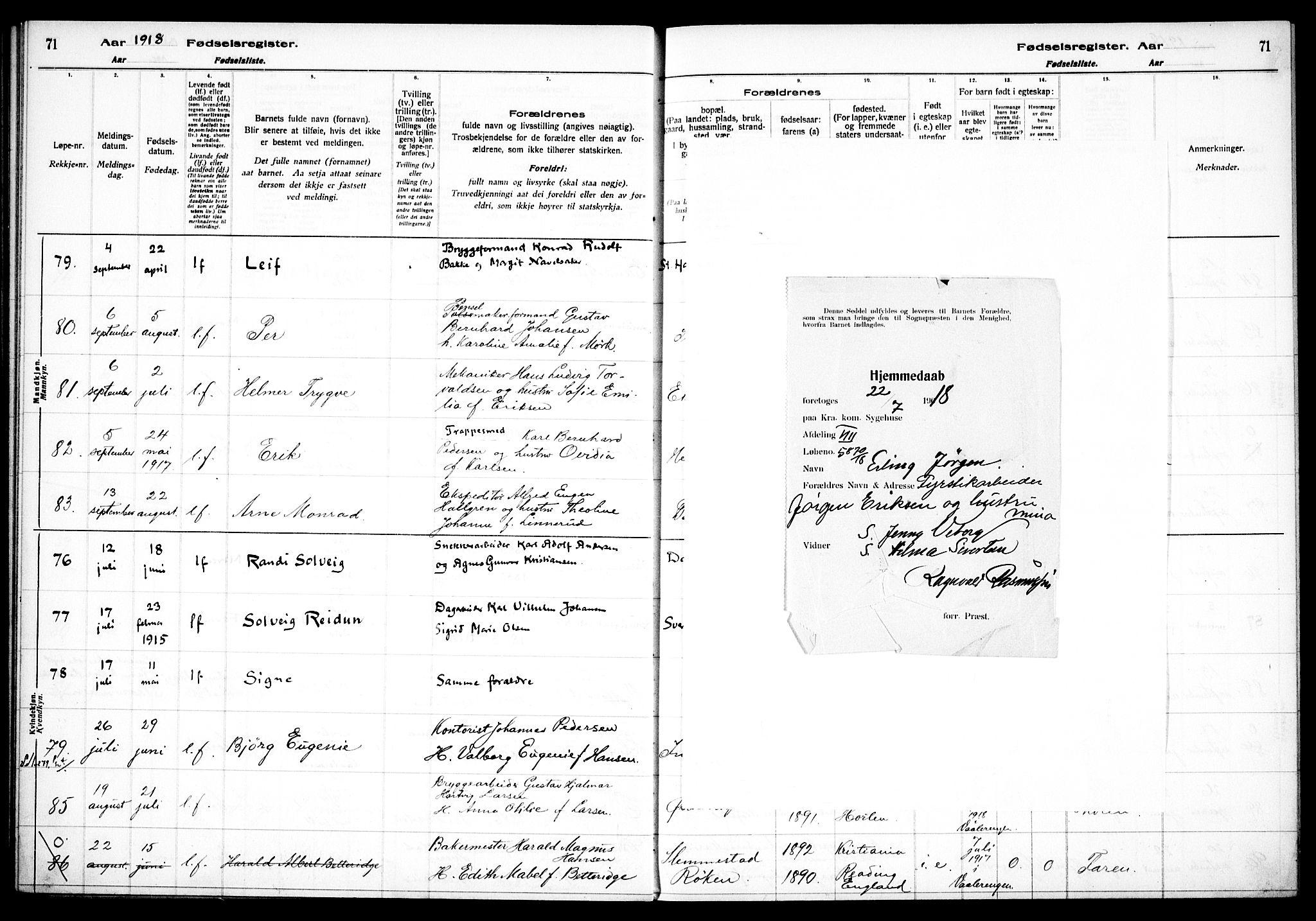 Vålerengen prestekontor Kirkebøker, SAO/A-10878/J/Ja/L0001: Fødselsregister nr. 1, 1916-1924, s. 71