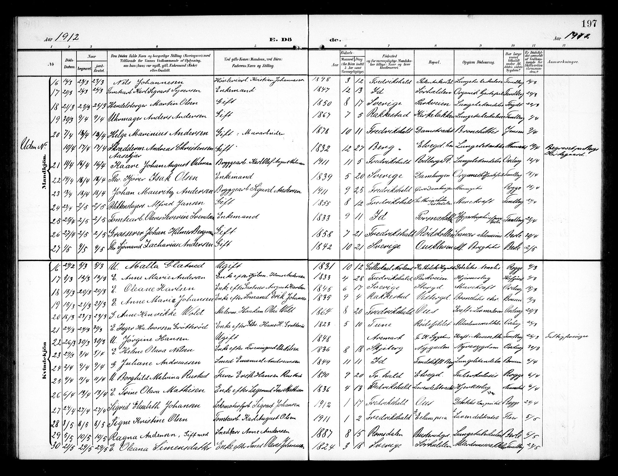 Halden prestekontor Kirkebøker, AV/SAO-A-10909/G/Ga/L0011: Klokkerbok nr. 11, 1906-1934, s. 197