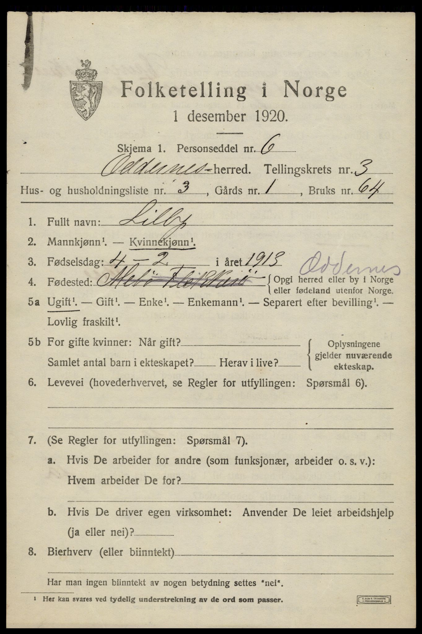 SAK, Folketelling 1920 for 1012 Oddernes herred, 1920, s. 3379