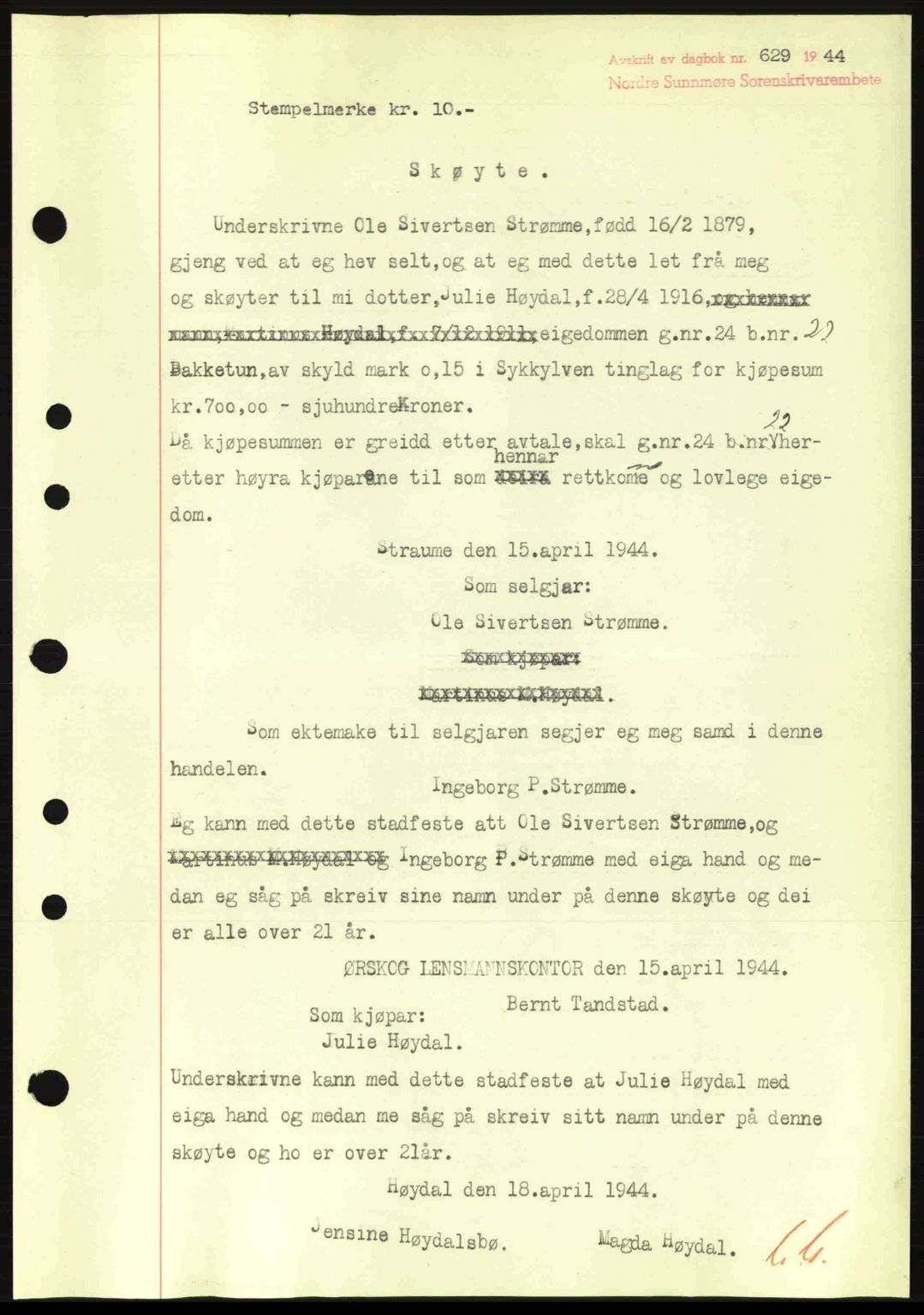 Nordre Sunnmøre sorenskriveri, SAT/A-0006/1/2/2C/2Ca: Pantebok nr. A18, 1944-1944, Dagboknr: 629/1944