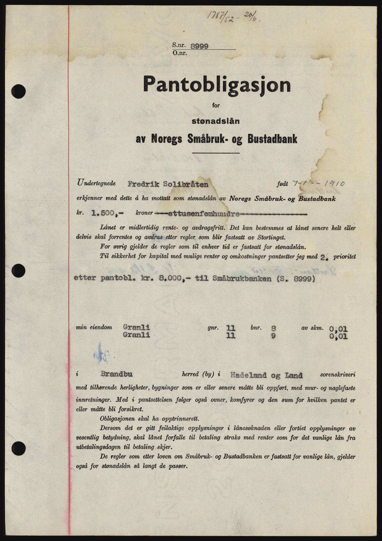 Hadeland og Land tingrett, SAH/TING-010/H/Hb/Hbc/L0024: Pantebok nr. B24, 1952-1952, Dagboknr: 1787/1952