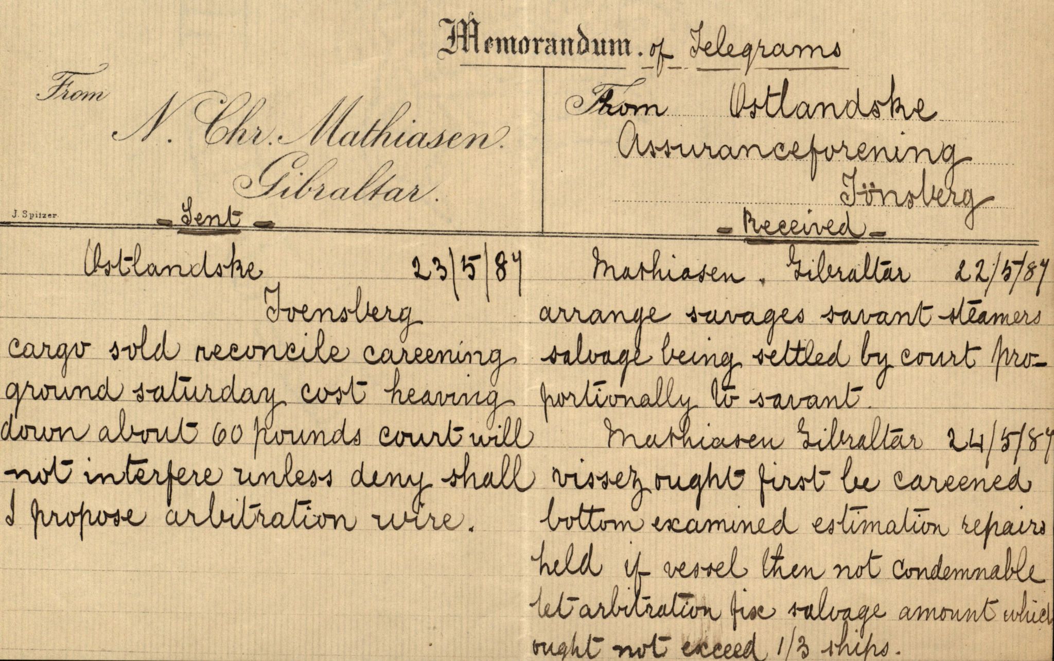 Pa 63 - Østlandske skibsassuranceforening, VEMU/A-1079/G/Ga/L0020/0003: Havaridokumenter / Anton, Diamant, Templar, Finn, Eliezer, Arctic, 1887, s. 192