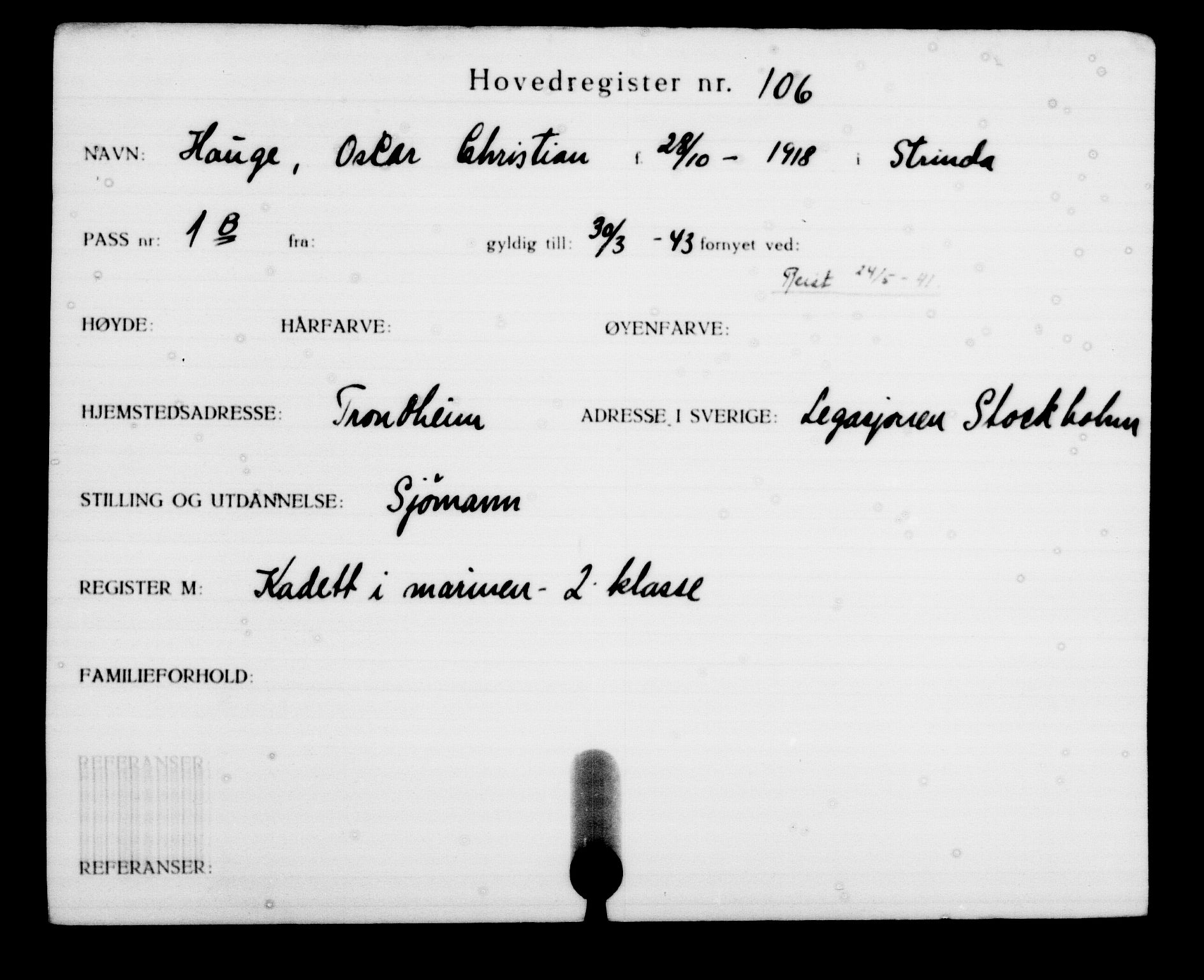 Utenriksstasjonene, Legasjonen i Stockholm, Flyktningkontoret, AV/RA-S-6753/V/Va/L0001: Kjesäterkartoteket, flyktninger med registreringsnr. 1-1000, 1940-1945, s. 177