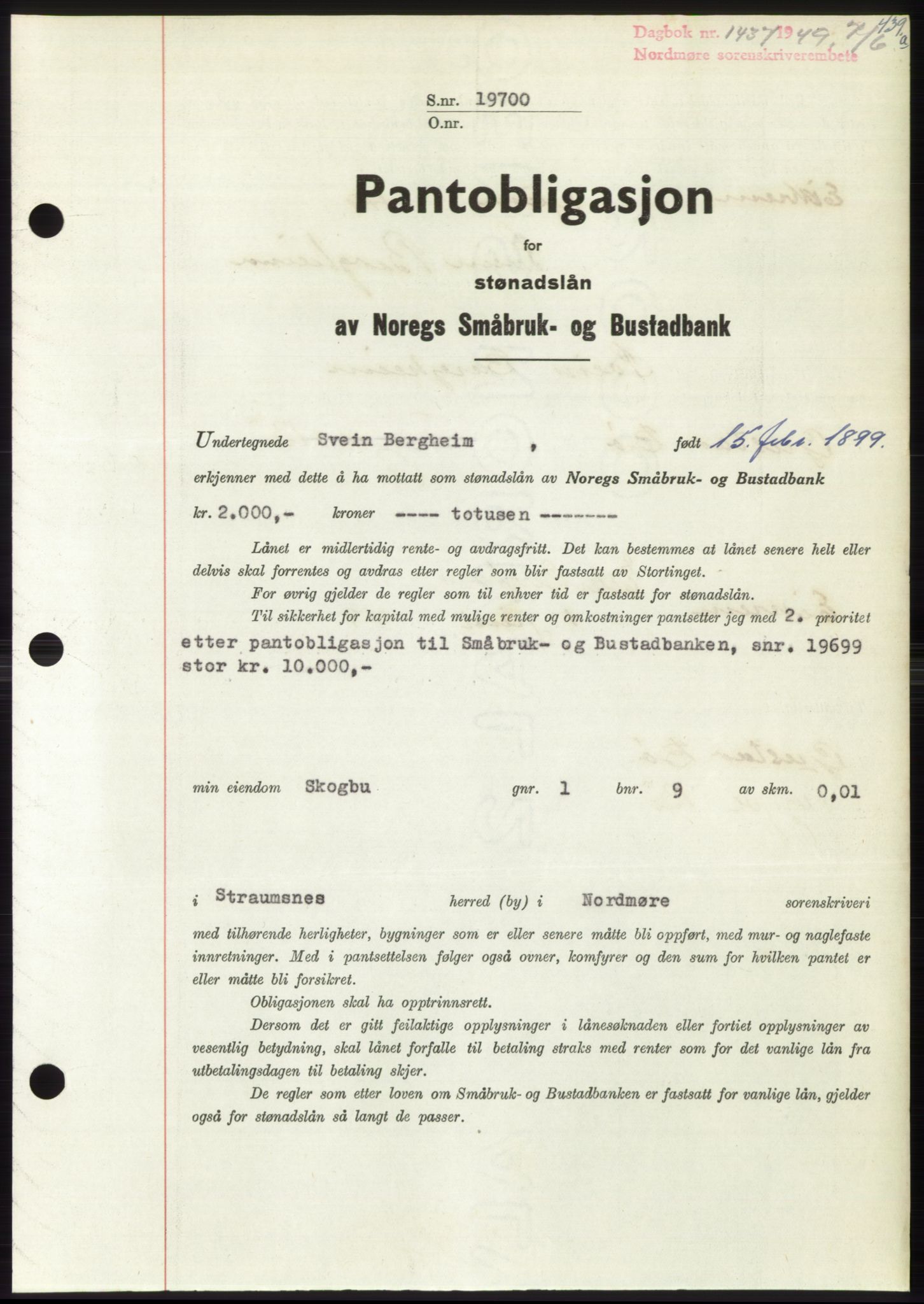 Nordmøre sorenskriveri, SAT/A-4132/1/2/2Ca: Pantebok nr. B101, 1949-1949, Dagboknr: 1437/1949