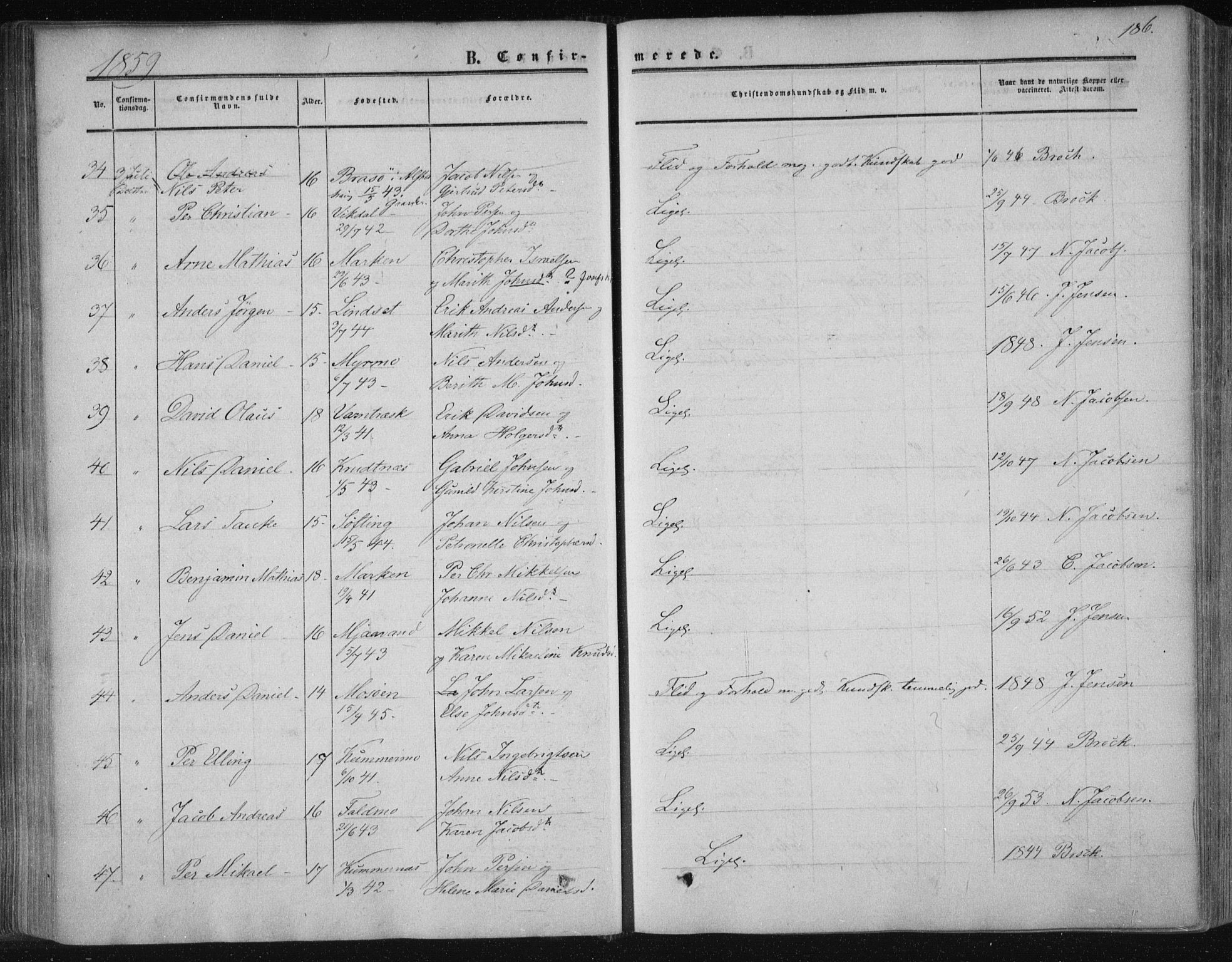 Ministerialprotokoller, klokkerbøker og fødselsregistre - Nordland, AV/SAT-A-1459/820/L0293: Ministerialbok nr. 820A14, 1855-1865, s. 186