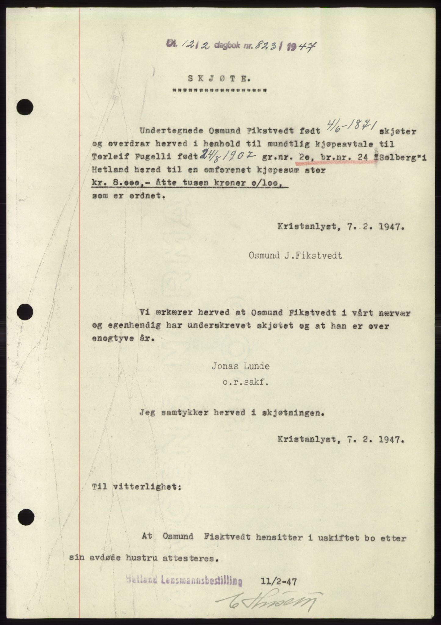 Jæren sorenskriveri, SAST/A-100310/03/G/Gba/L0093: Pantebok, 1947-1947, Dagboknr: 823/1947