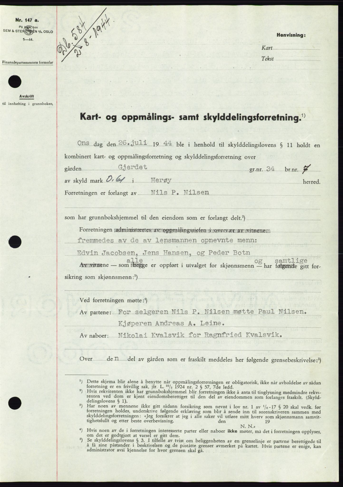 Søre Sunnmøre sorenskriveri, SAT/A-4122/1/2/2C/L0076: Pantebok nr. 2A, 1943-1944, Dagboknr: 584/1944