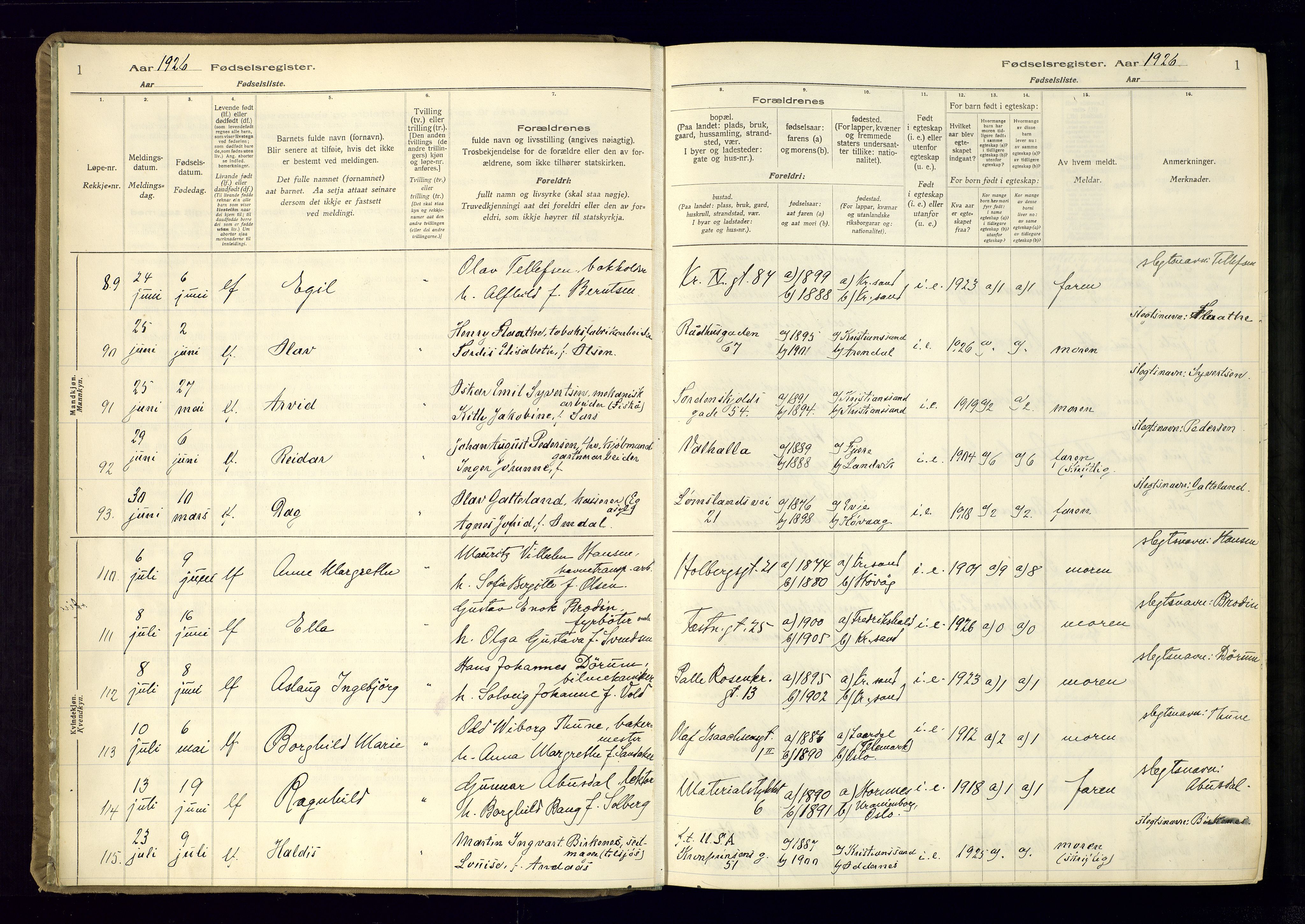 Kristiansand domprosti, SAK/1112-0006/J/Jc/L0003: Fødselsregister nr. A-VI-47, 1926-1931, s. 1