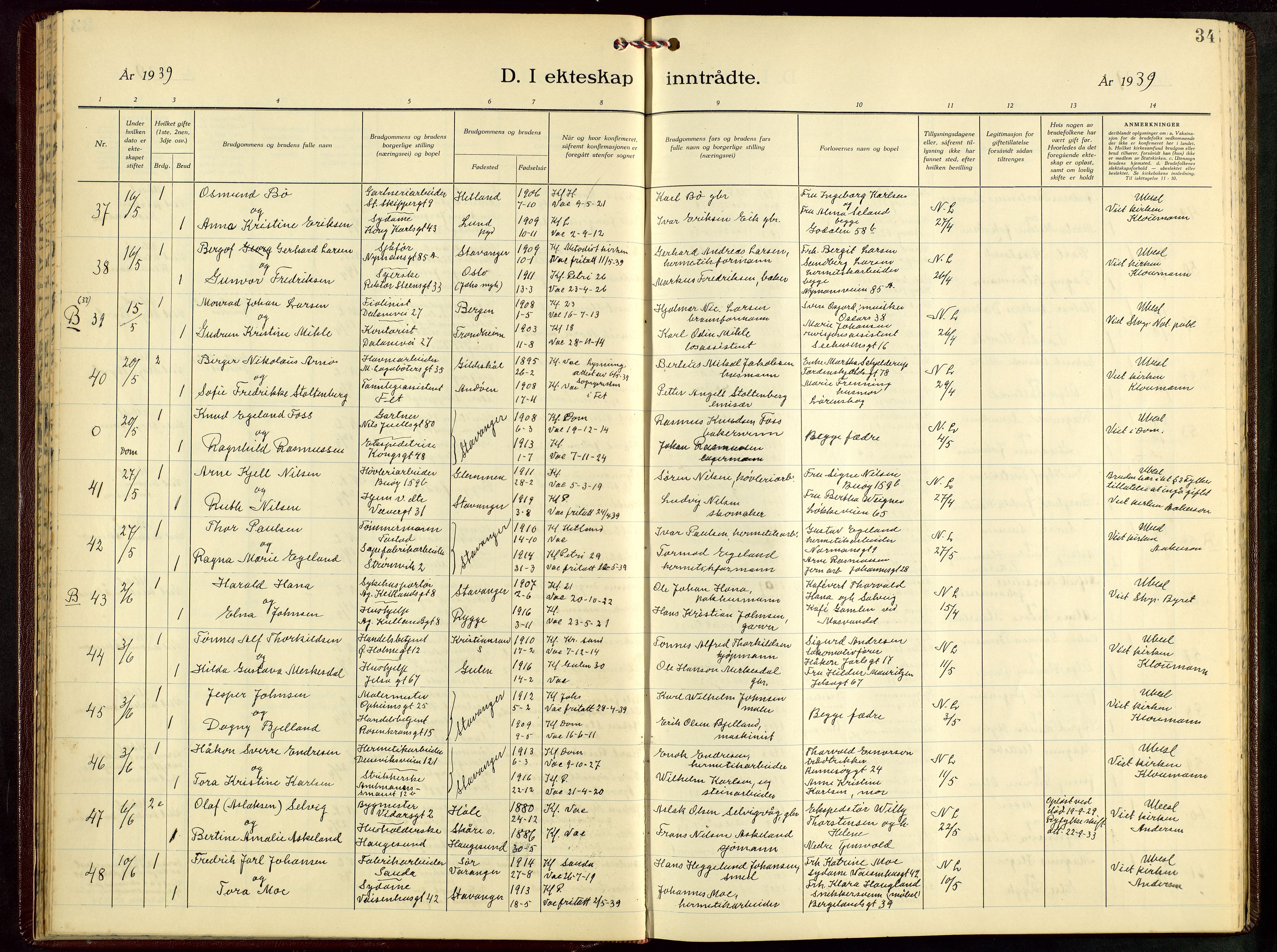 St. Petri sokneprestkontor, SAST/A-101813/001/30/30BB/L0012: Klokkerbok nr. B 12, 1936-1951, s. 34