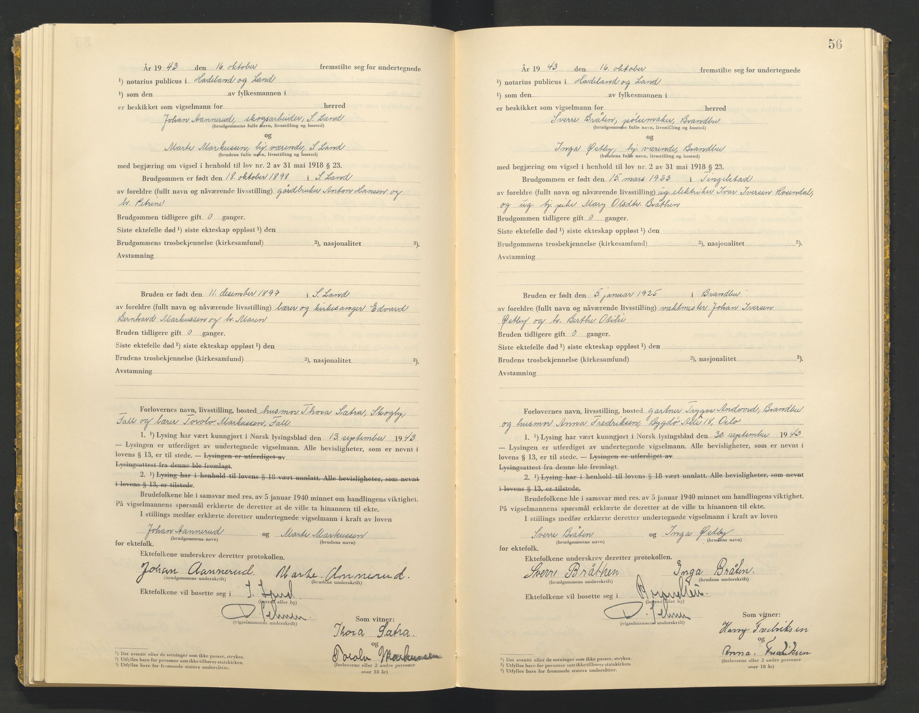 Hadeland og Land tingrett, AV/SAH-TING-010/L/Lb/L0002: Vigselbok, 1943-1944, s. 56