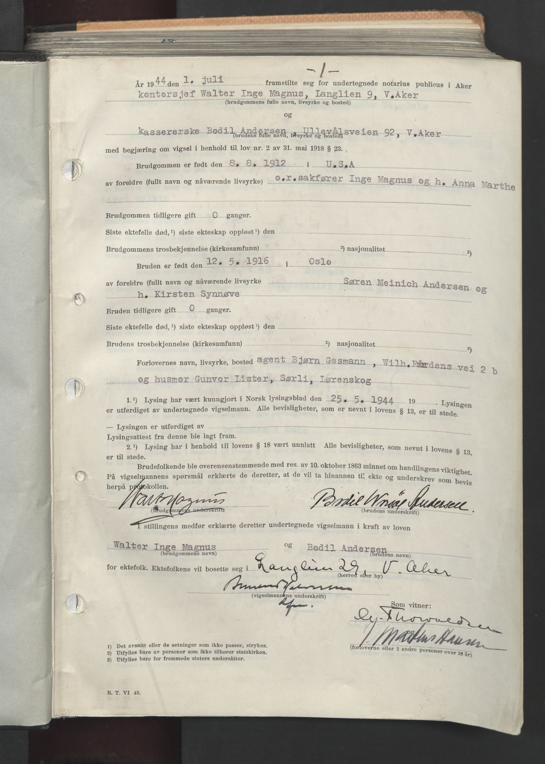 Aker sorenskriveri, AV/SAO-A-10895/L/Lc/Lcb/L0022: Vigselprotokoll, 1944, s. 1