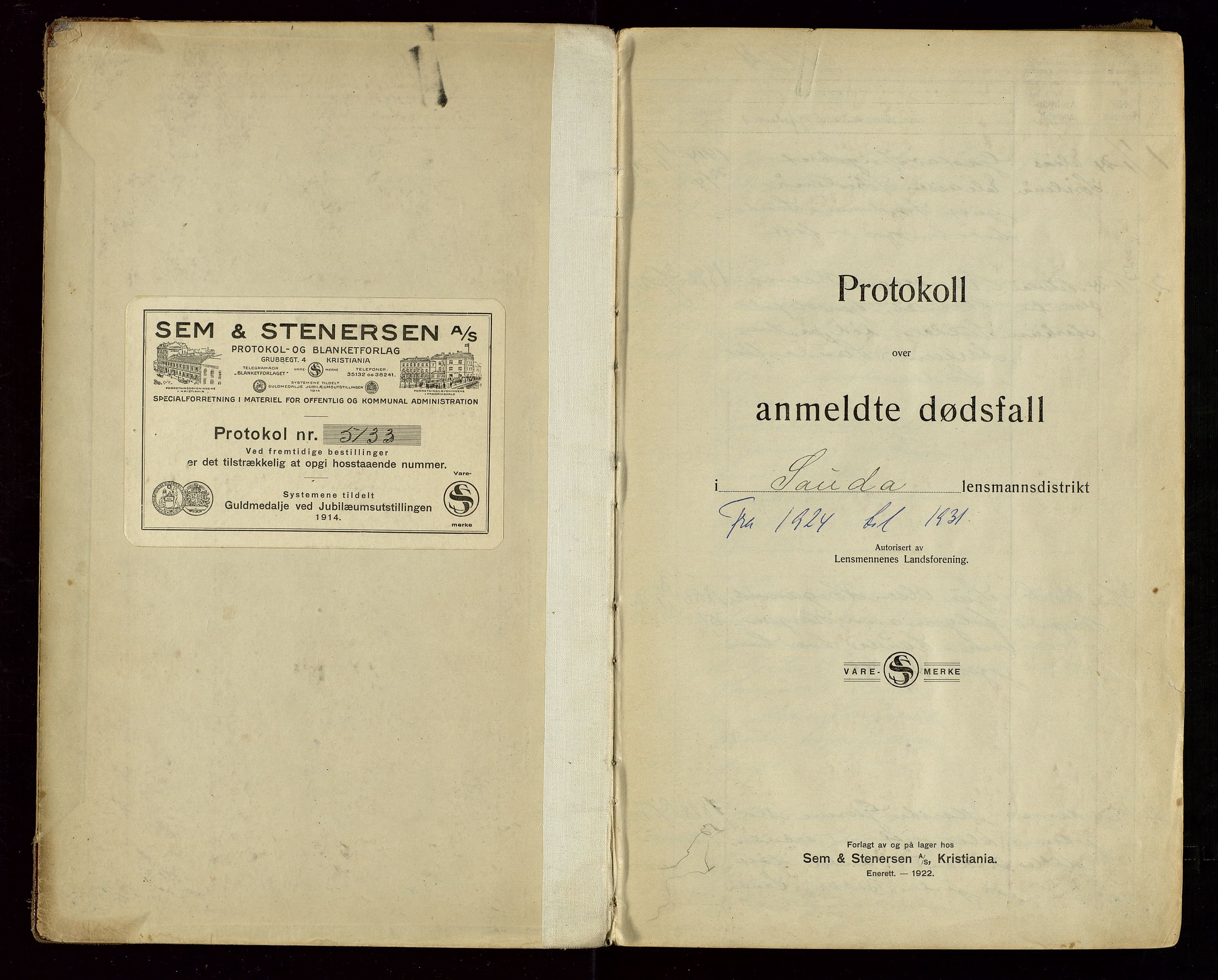 Sauda lensmannskontor, AV/SAST-A-100177/Gga/L0002: "Protokoll over anmeldte dødsfall i Sauda lensmannsdistrikt", 1924-1931