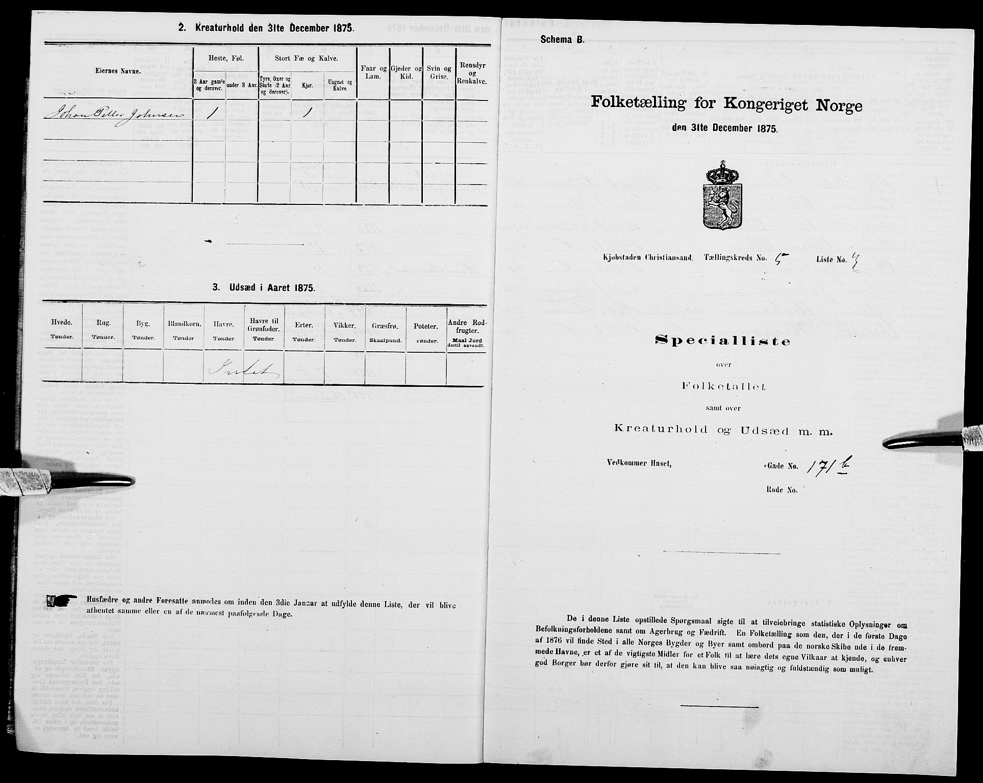 SAK, Folketelling 1875 for 1001P Kristiansand prestegjeld, 1875, s. 598