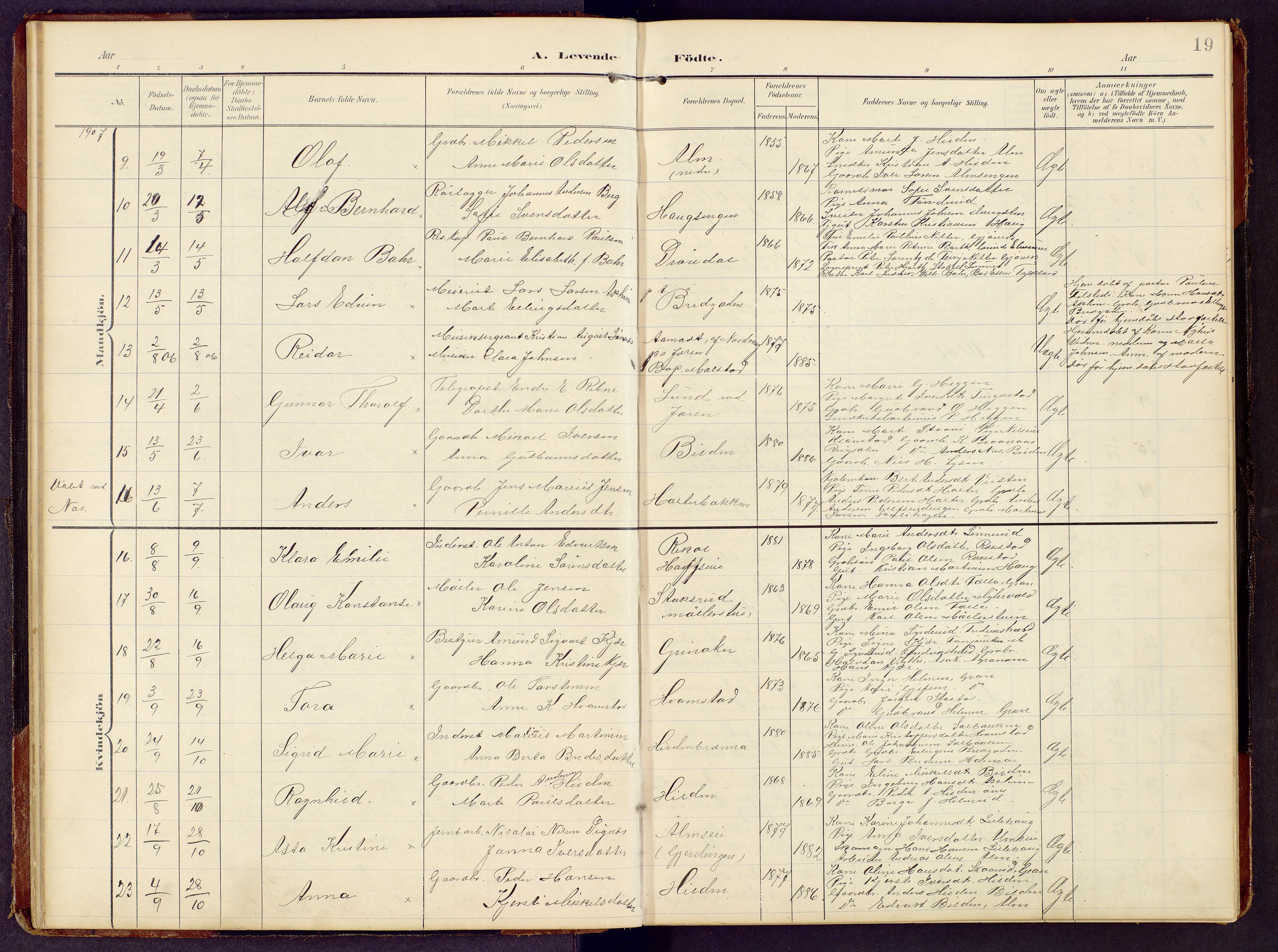 Brandbu prestekontor, AV/SAH-PREST-114/H/Ha/Hab/L0009: Klokkerbok nr. 9, 1903-1916, s. 19