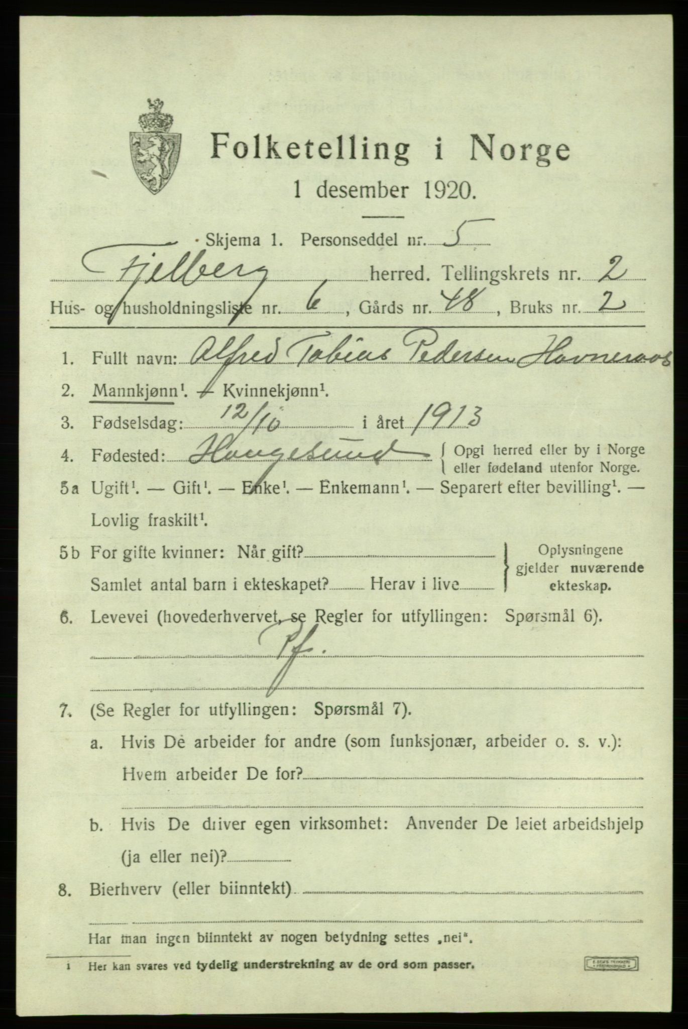 SAB, Folketelling 1920 for 1213 Fjelberg herred, 1920, s. 941