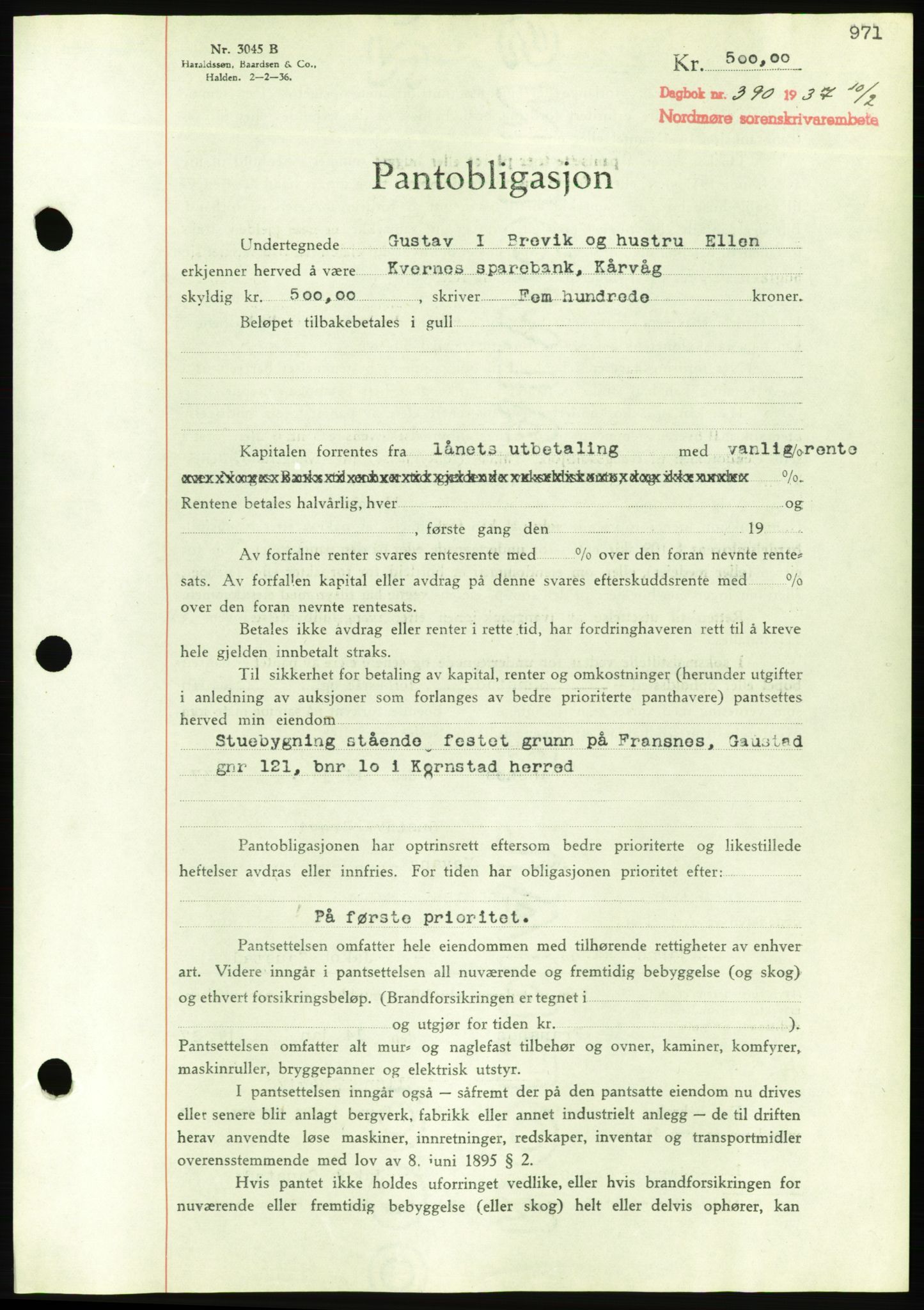 Nordmøre sorenskriveri, AV/SAT-A-4132/1/2/2Ca/L0090: Pantebok nr. B80, 1936-1937, Dagboknr: 390/1937