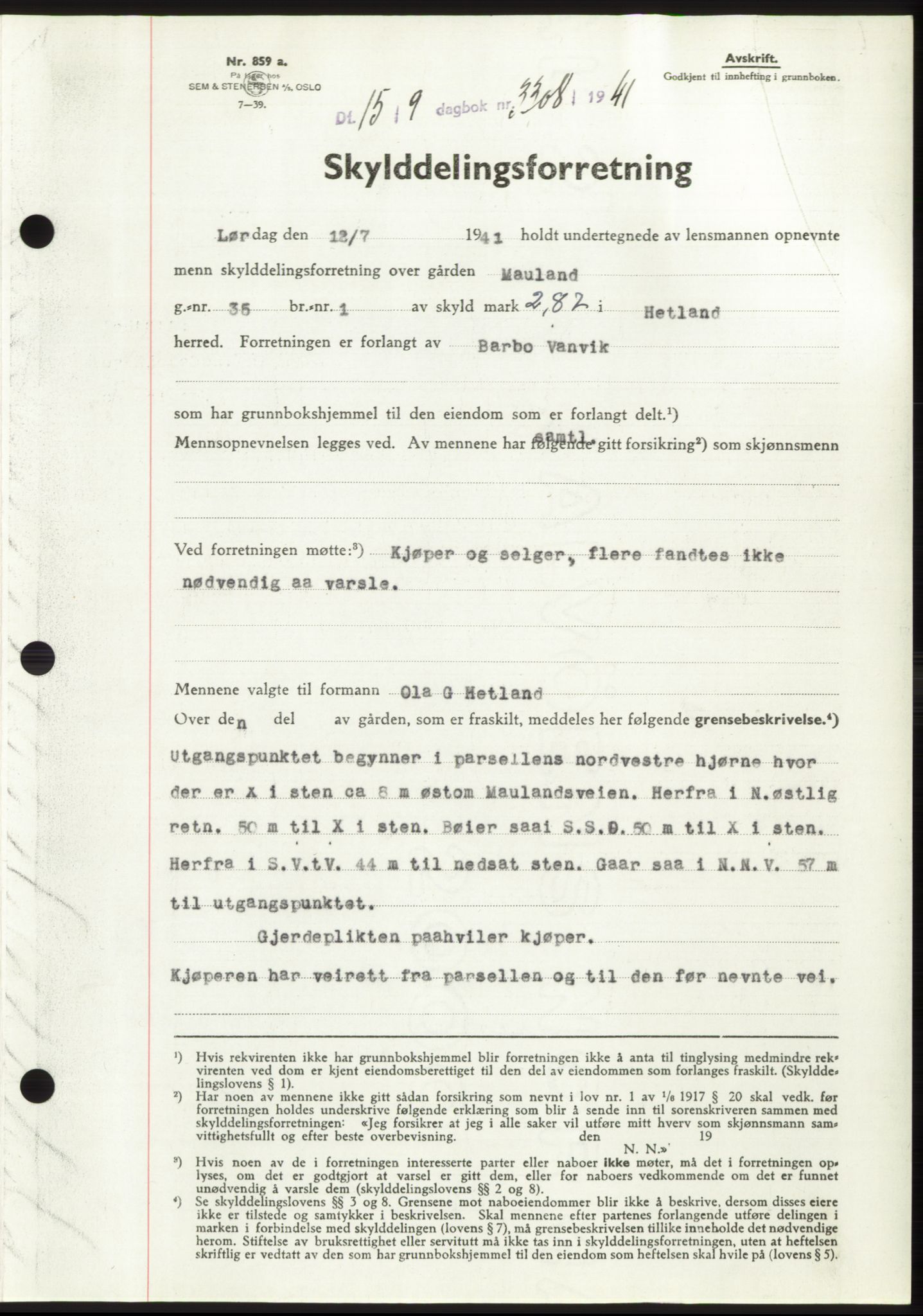 Jæren sorenskriveri, SAST/A-100310/03/G/Gba/L0081: Pantebok, 1941-1941, Dagboknr: 3308/1941