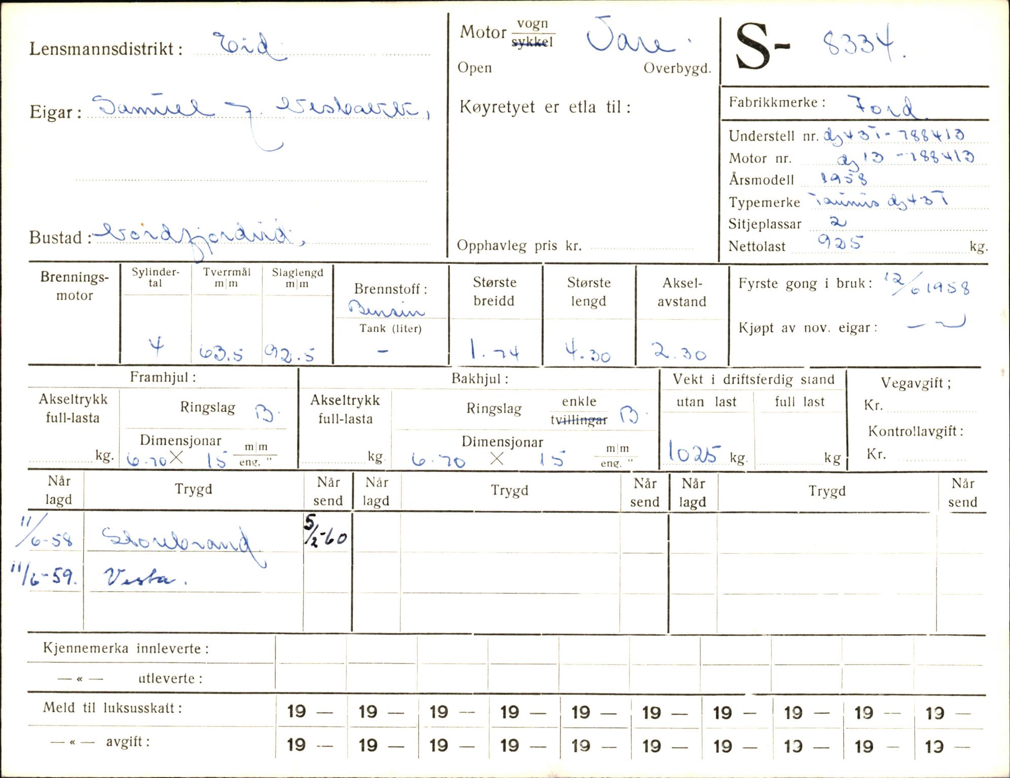 Statens vegvesen, Sogn og Fjordane vegkontor, AV/SAB-A-5301/4/F/L0006: Registerkort utmeldte Fjordane S8300-9500, 1930-1961, s. 48