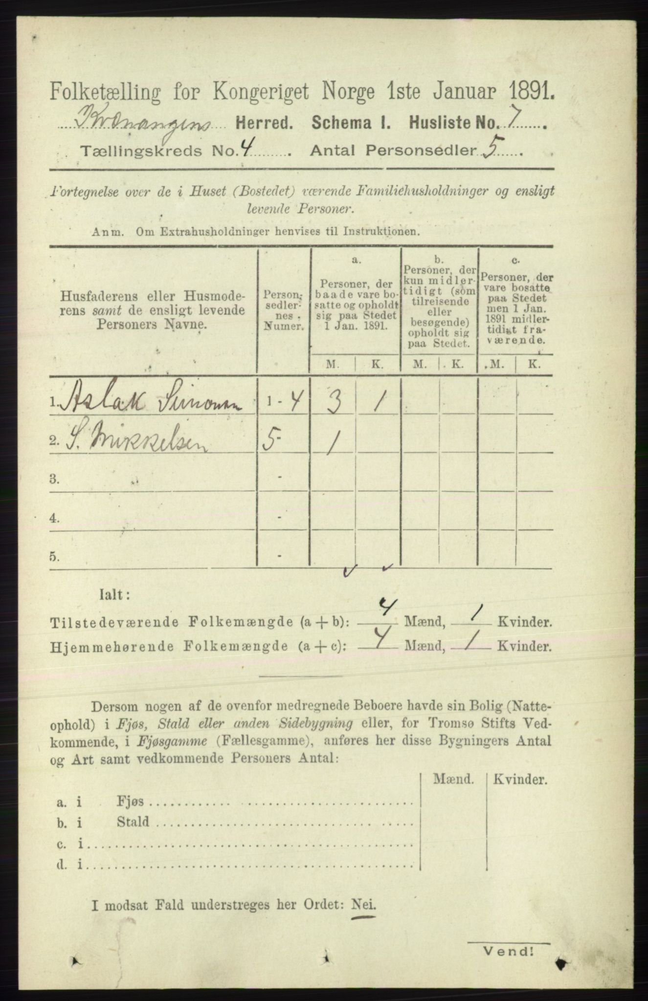 RA, Folketelling 1891 for 1943 Kvænangen herred, 1891, s. 1460
