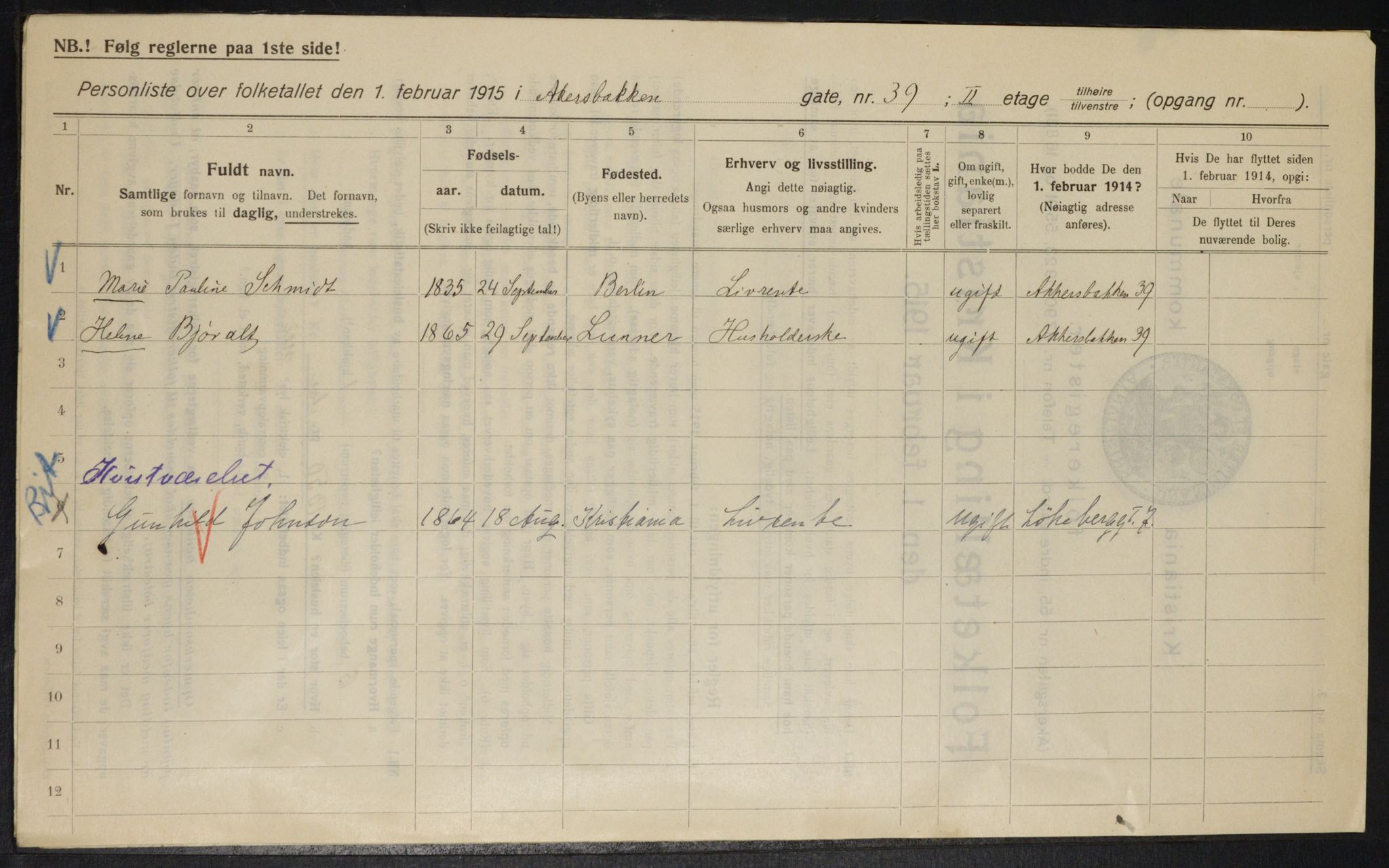 OBA, Kommunal folketelling 1.2.1915 for Kristiania, 1915, s. 308