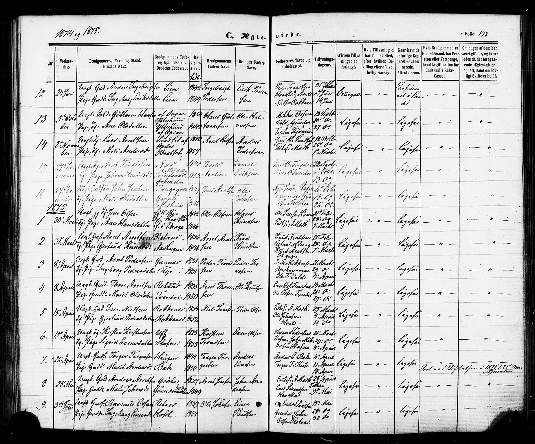 Ministerialprotokoller, klokkerbøker og fødselsregistre - Sør-Trøndelag, AV/SAT-A-1456/674/L0870: Ministerialbok nr. 674A02, 1861-1879, s. 178