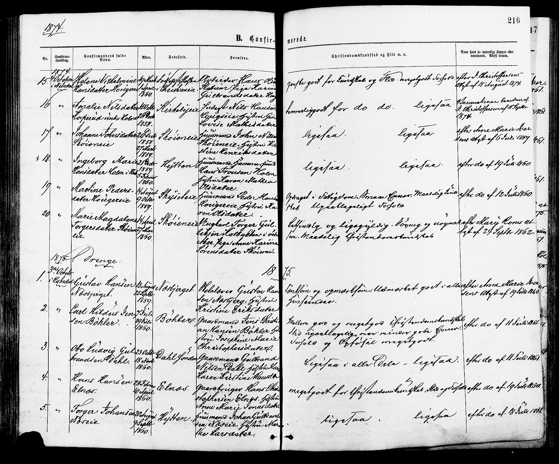 Nittedal prestekontor Kirkebøker, SAO/A-10365a/F/Fa/L0006: Ministerialbok nr. I 6, 1863-1878, s. 216