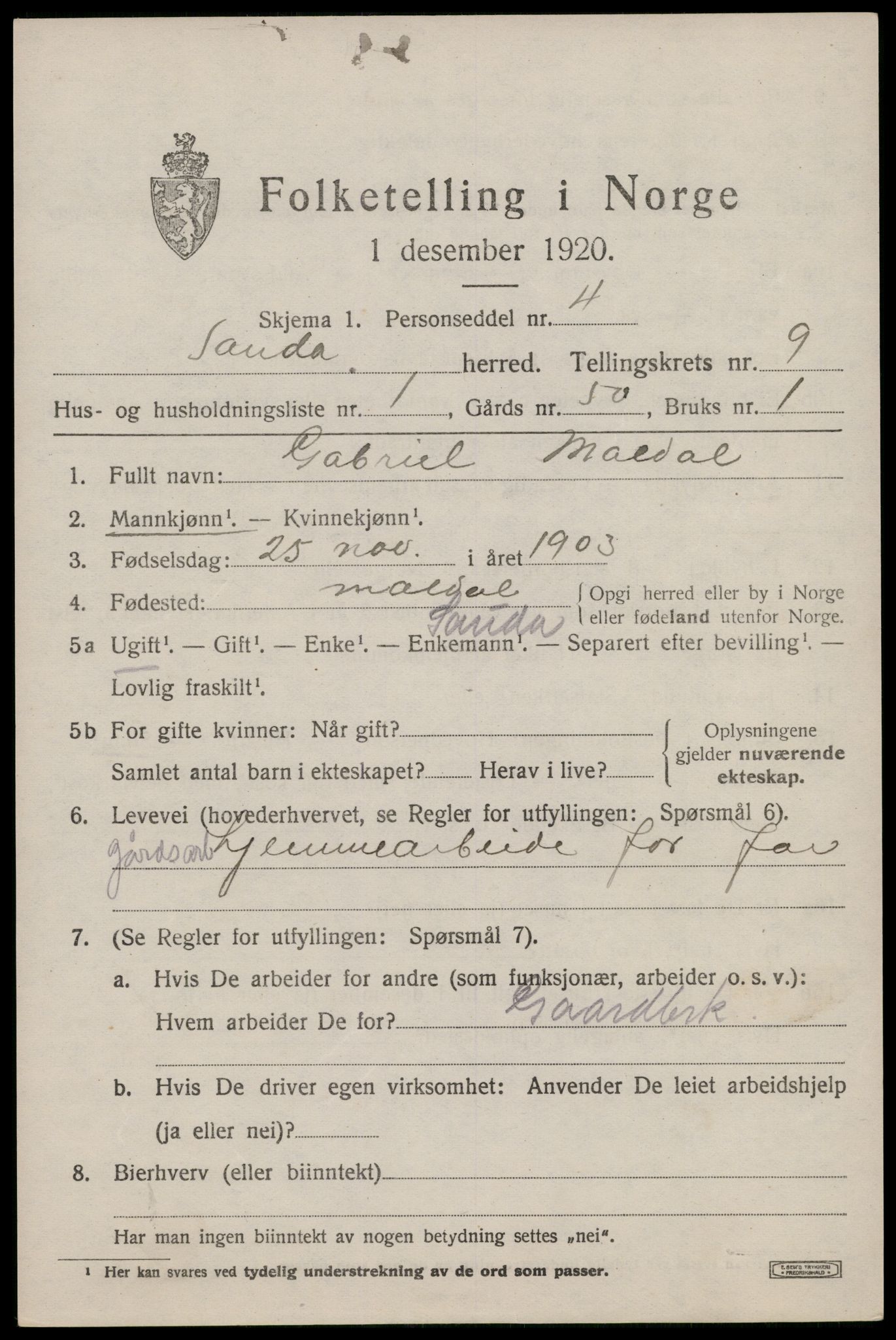 SAST, Folketelling 1920 for 1135 Sauda herred, 1920, s. 5280