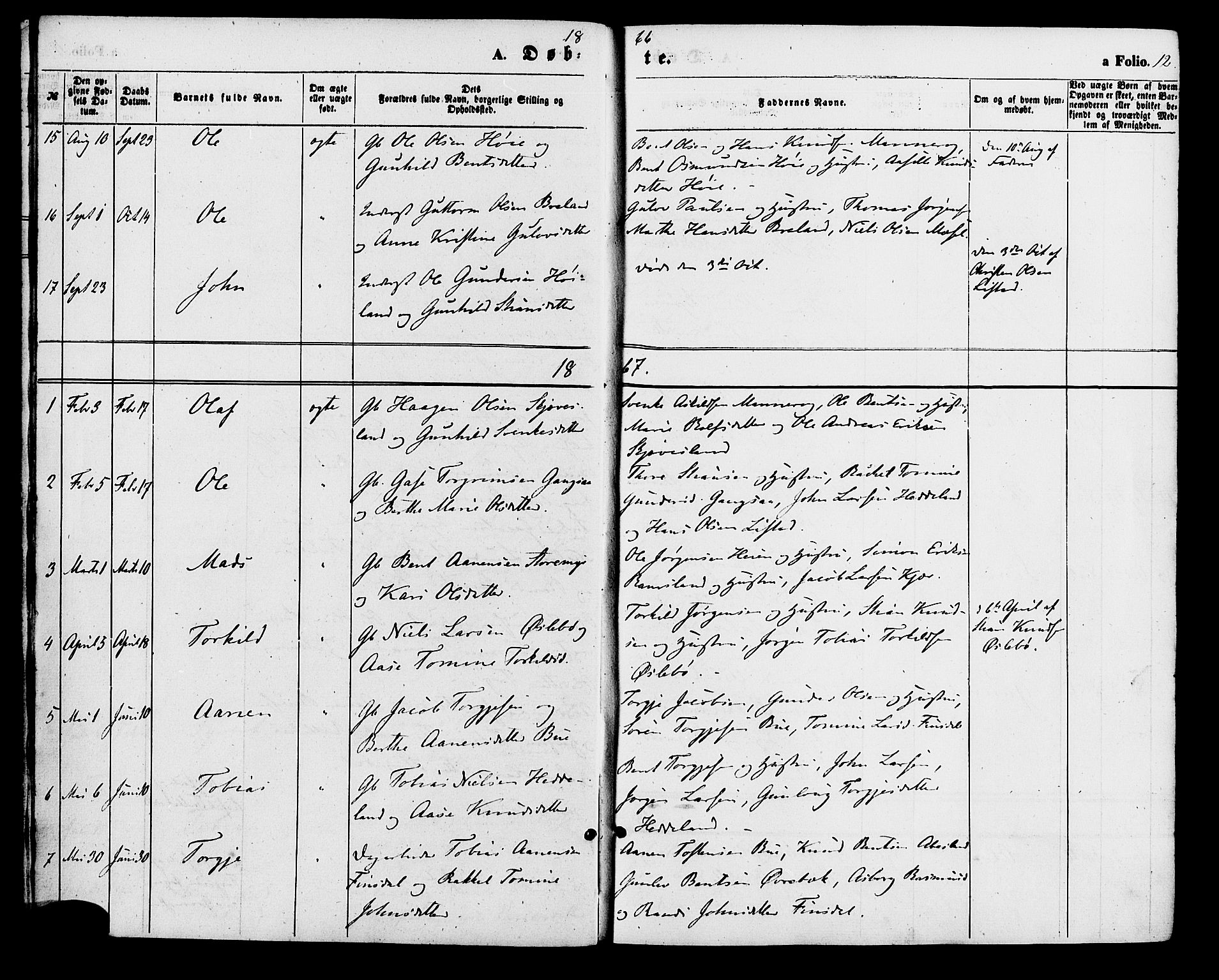 Holum sokneprestkontor, AV/SAK-1111-0022/F/Fa/Fac/L0003: Ministerialbok nr. A 3, 1860-1883, s. 12
