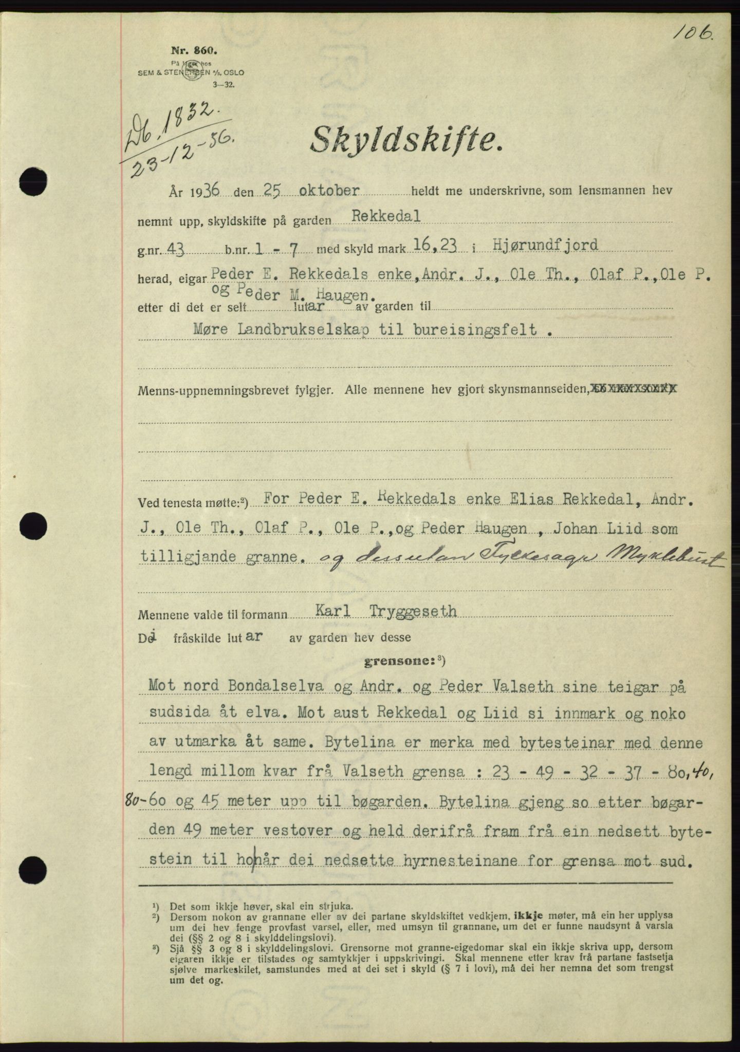 Søre Sunnmøre sorenskriveri, AV/SAT-A-4122/1/2/2C/L0062: Pantebok nr. 56, 1936-1937, Dagboknr: 1832/1936