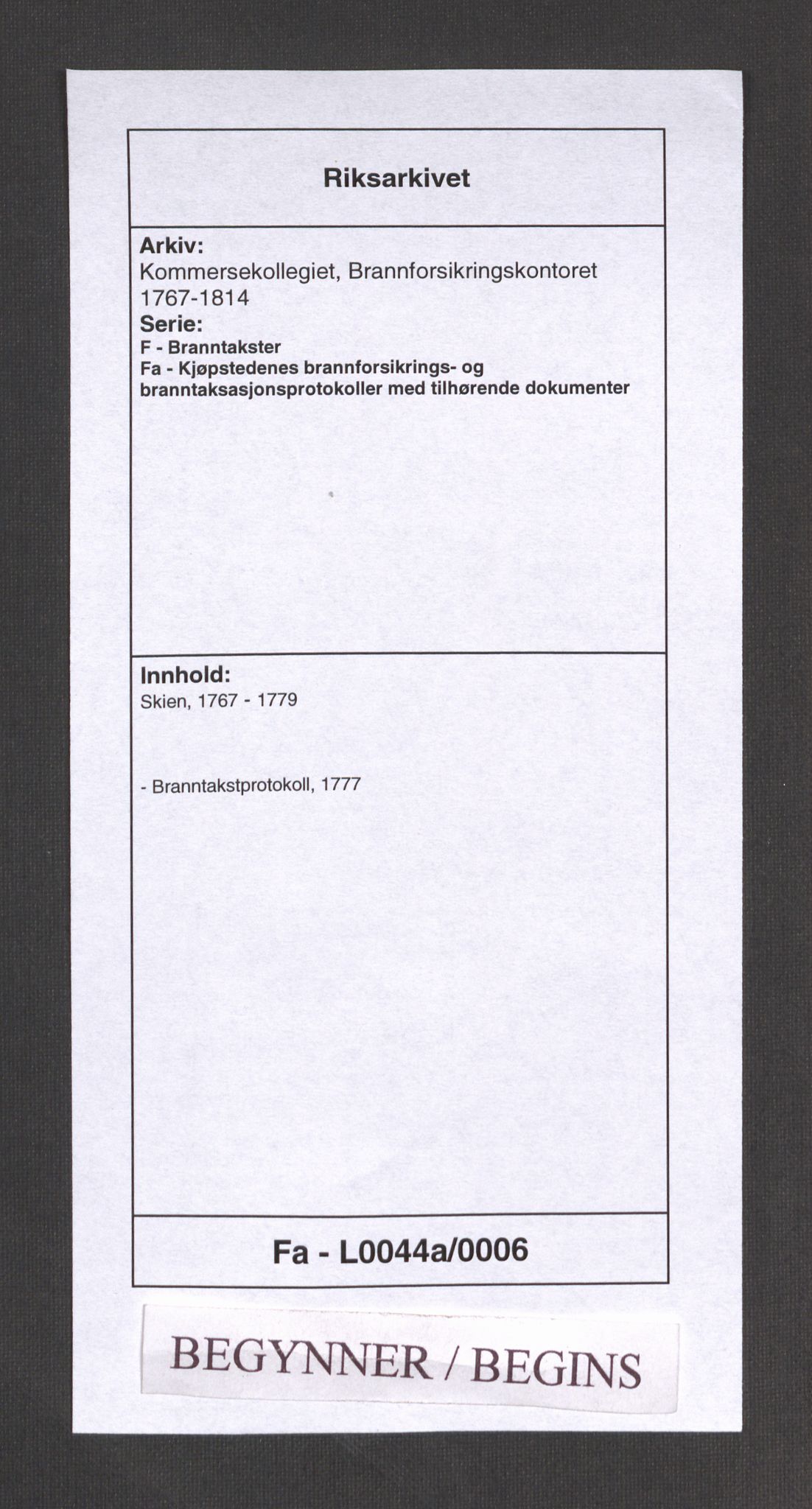 Kommersekollegiet, Brannforsikringskontoret 1767-1814, RA/EA-5458/F/Fa/L0044a/0006: Skien / Branntakstprotokoll, 1777