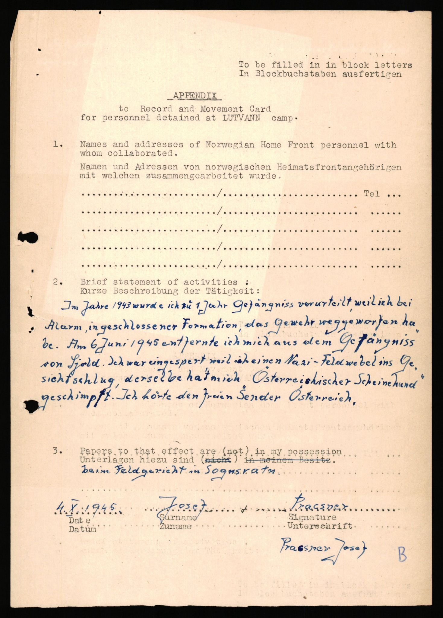 Forsvaret, Forsvarets overkommando II, AV/RA-RAFA-3915/D/Db/L0040: CI Questionaires. Tyske okkupasjonsstyrker i Norge. Østerrikere., 1945-1946, s. 70