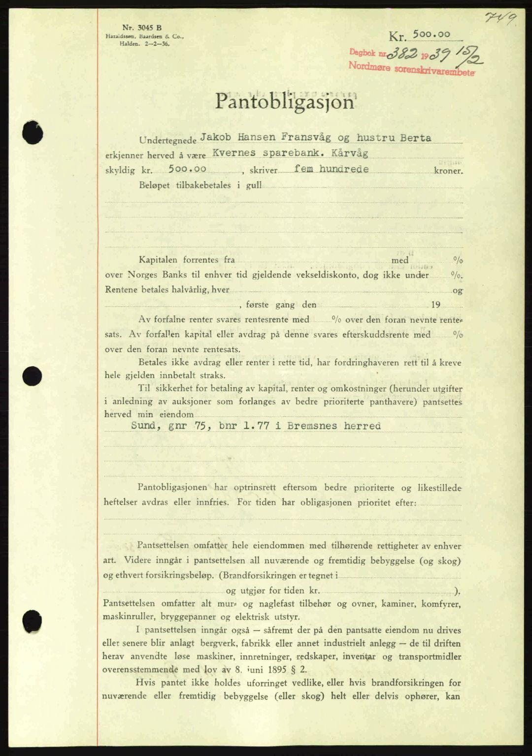 Nordmøre sorenskriveri, SAT/A-4132/1/2/2Ca: Pantebok nr. B84, 1938-1939, Dagboknr: 382/1939