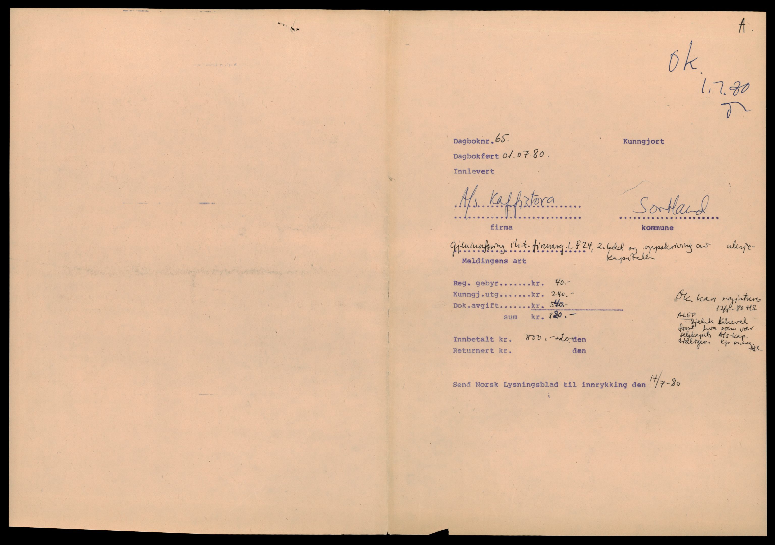 Vesterålen sorenskriveri, SAT/A-4180/4/J/Jd/Jde/L0013: Bilag. Aksjeselskap, K-M, 1944-1990, s. 1