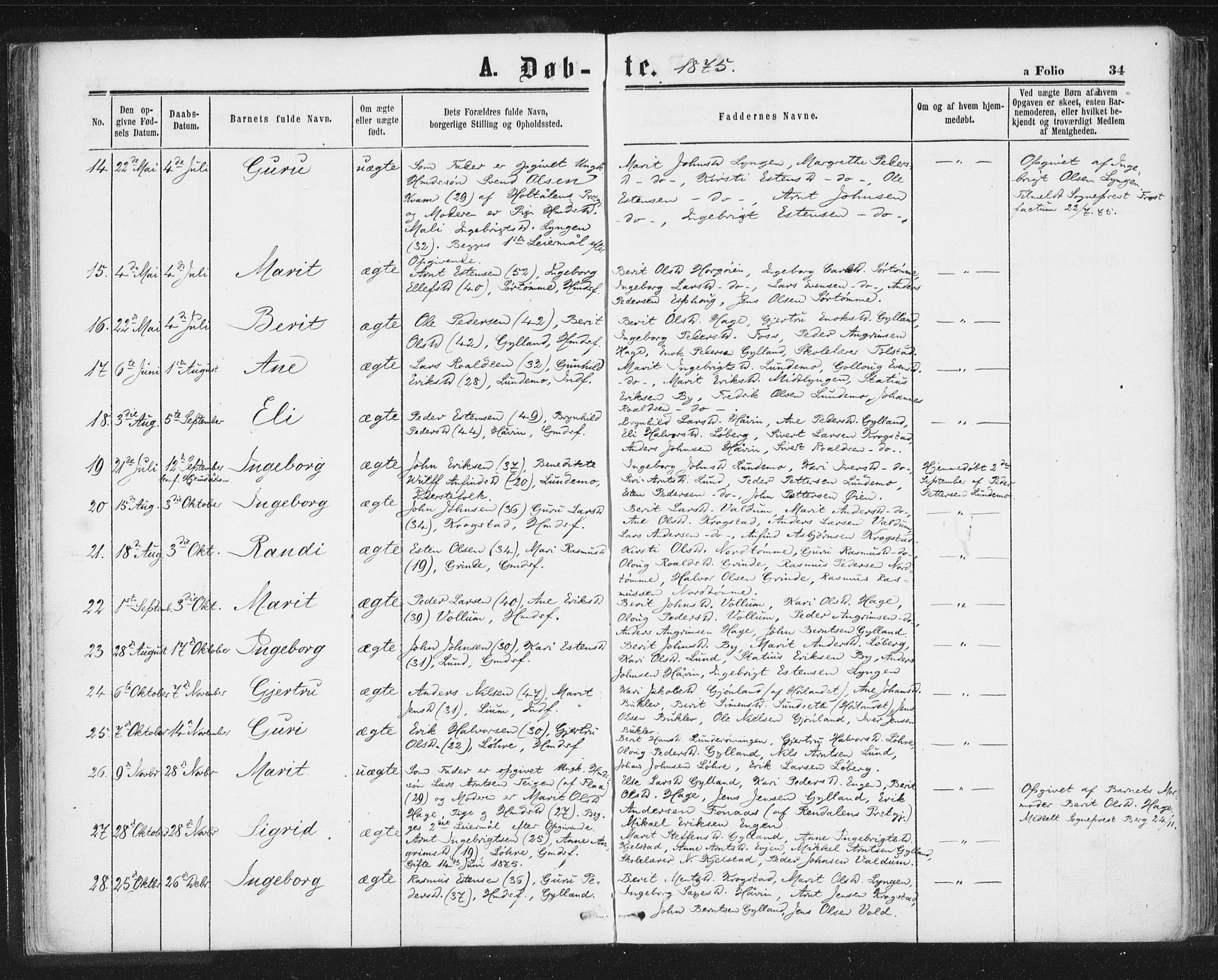 Ministerialprotokoller, klokkerbøker og fødselsregistre - Sør-Trøndelag, AV/SAT-A-1456/692/L1104: Ministerialbok nr. 692A04, 1862-1878, s. 34