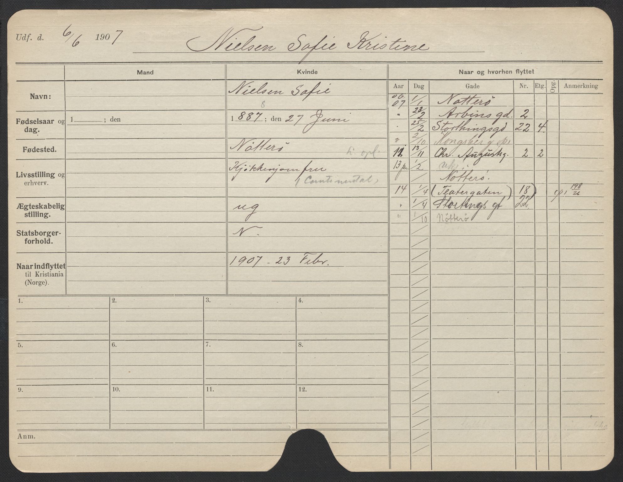 Oslo folkeregister, Registerkort, SAO/A-11715/F/Fa/Fac/L0021: Kvinner, 1906-1914, s. 500a