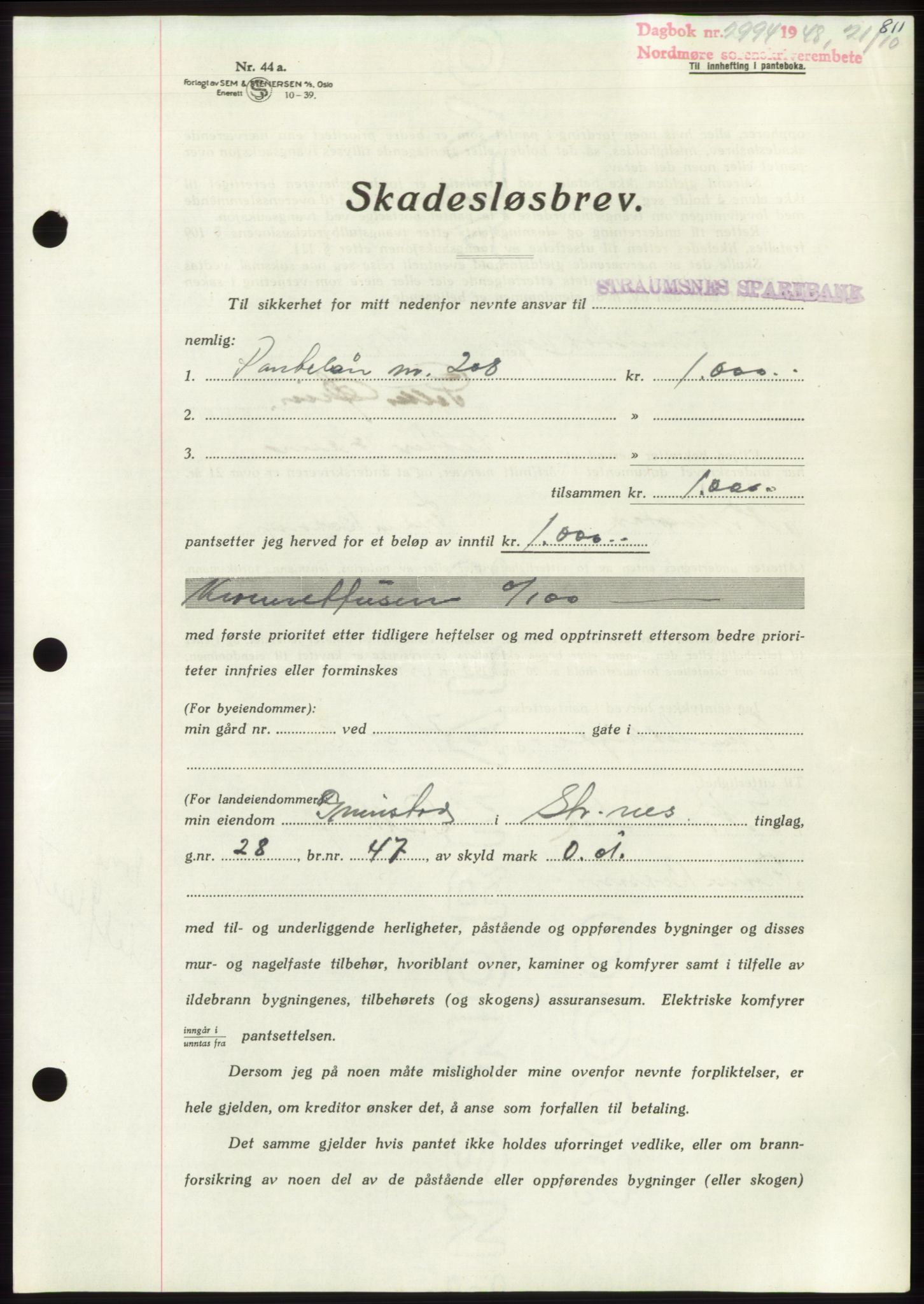 Nordmøre sorenskriveri, SAT/A-4132/1/2/2Ca: Pantebok nr. B99, 1948-1948, Dagboknr: 2994/1948