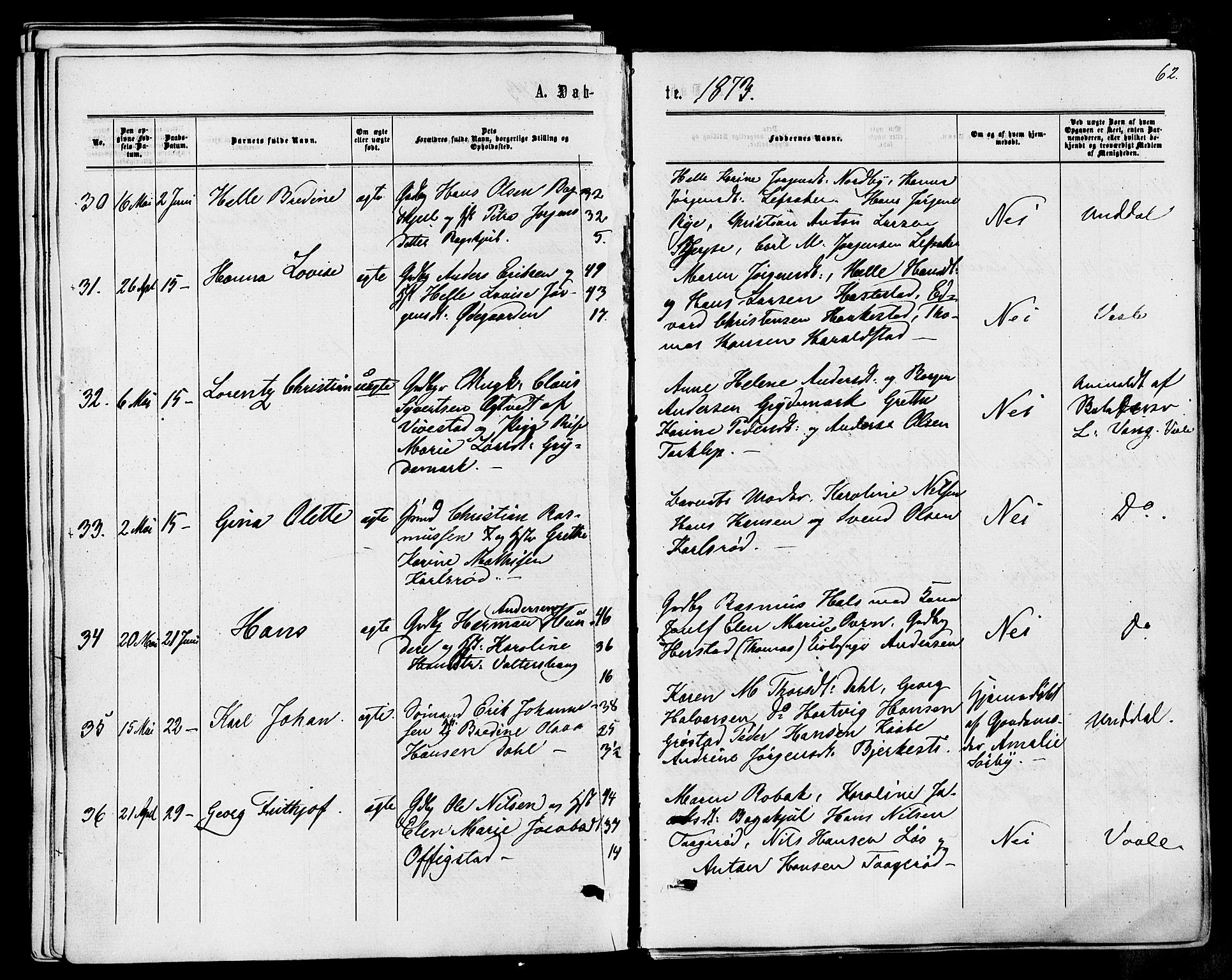 Våle kirkebøker, AV/SAKO-A-334/F/Fa/L0010: Ministerialbok nr. I 10, 1861-1877, s. 62