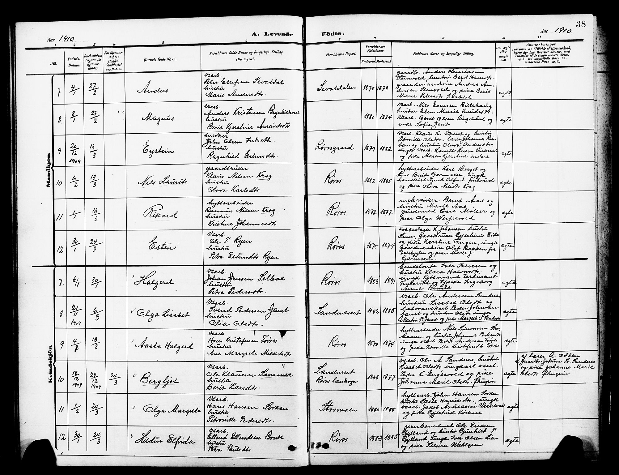 Ministerialprotokoller, klokkerbøker og fødselsregistre - Sør-Trøndelag, AV/SAT-A-1456/681/L0942: Klokkerbok nr. 681C06, 1906-1925, s. 38