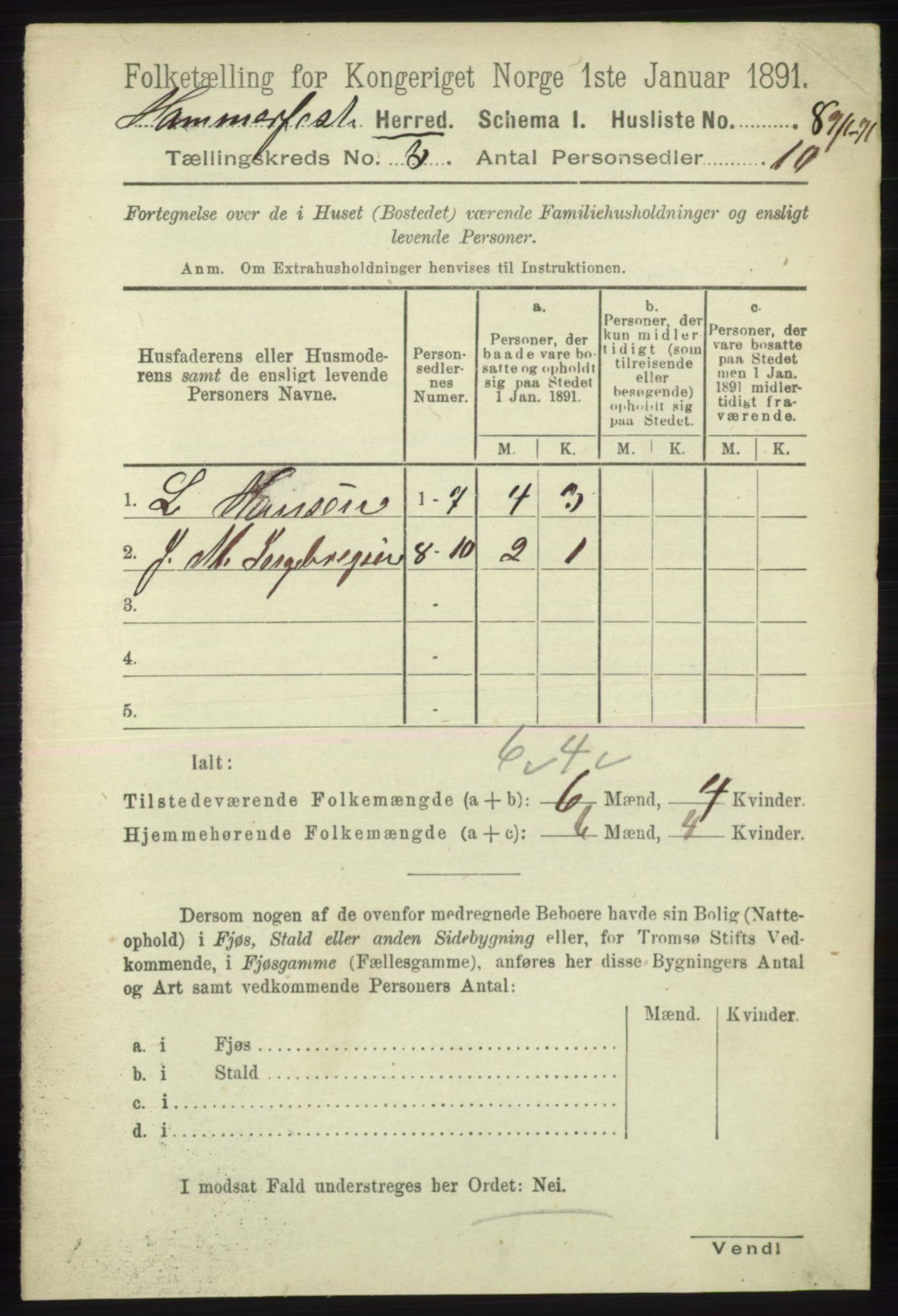 RA, Folketelling 1891 for 2016 Hammerfest herred, 1891, s. 997